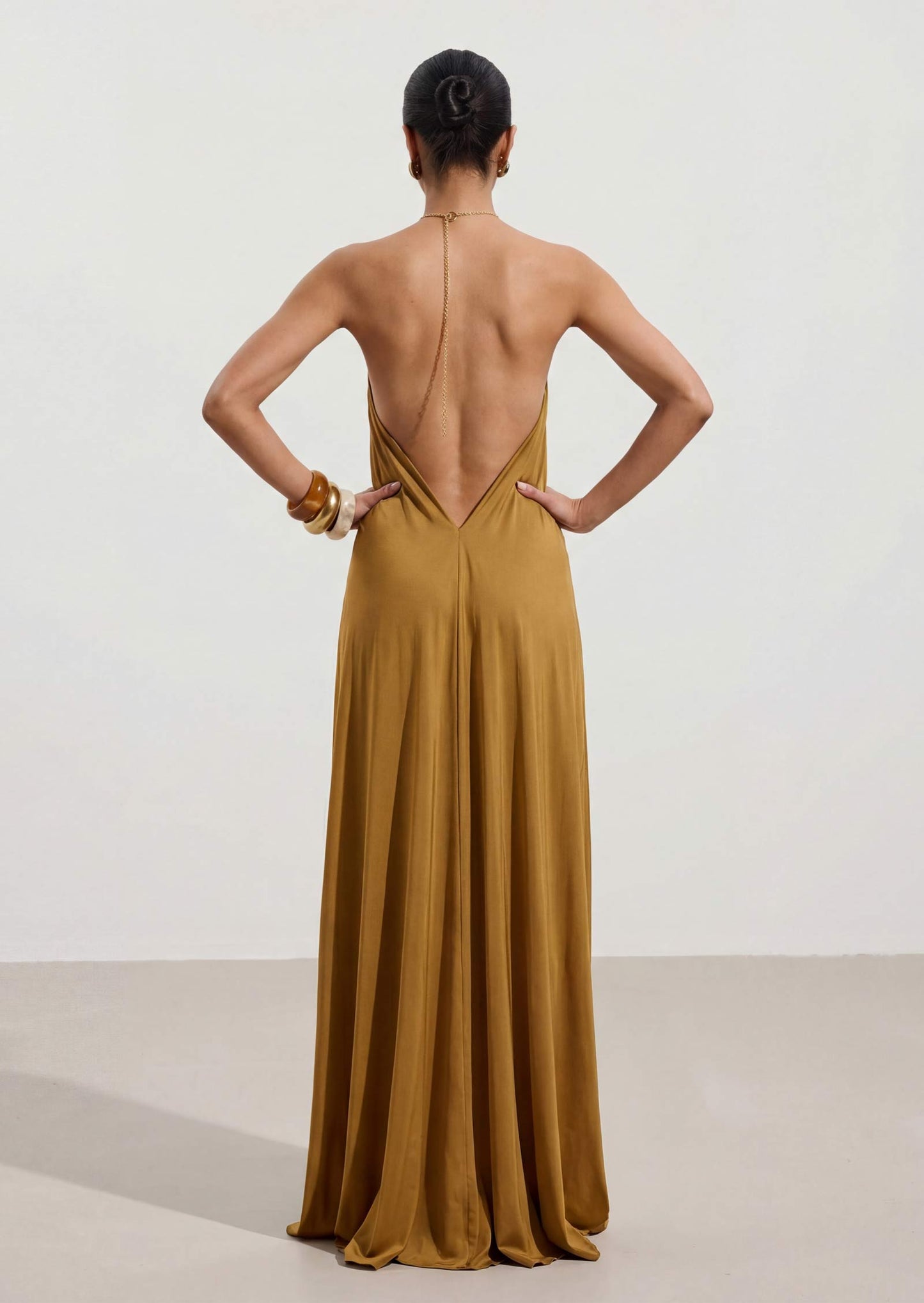Halter With A Metallic Ring Maxi Dress In Gold