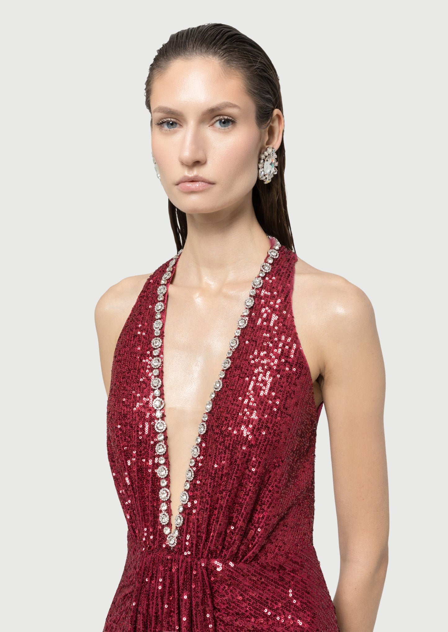 Sequined Halterneck Maxi Dress In Claret