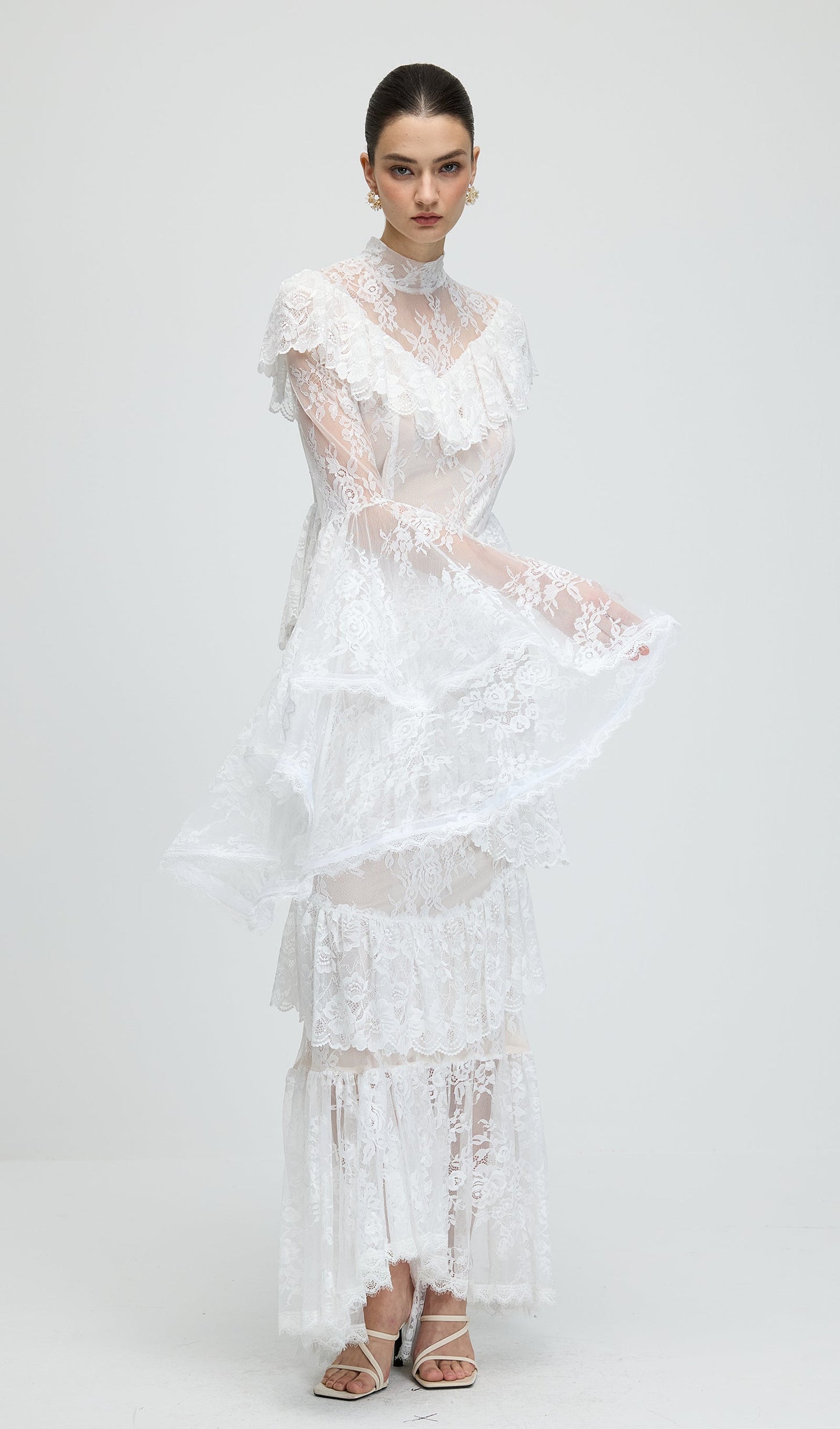 Floral Lace Ruffled Maxi Dress In White