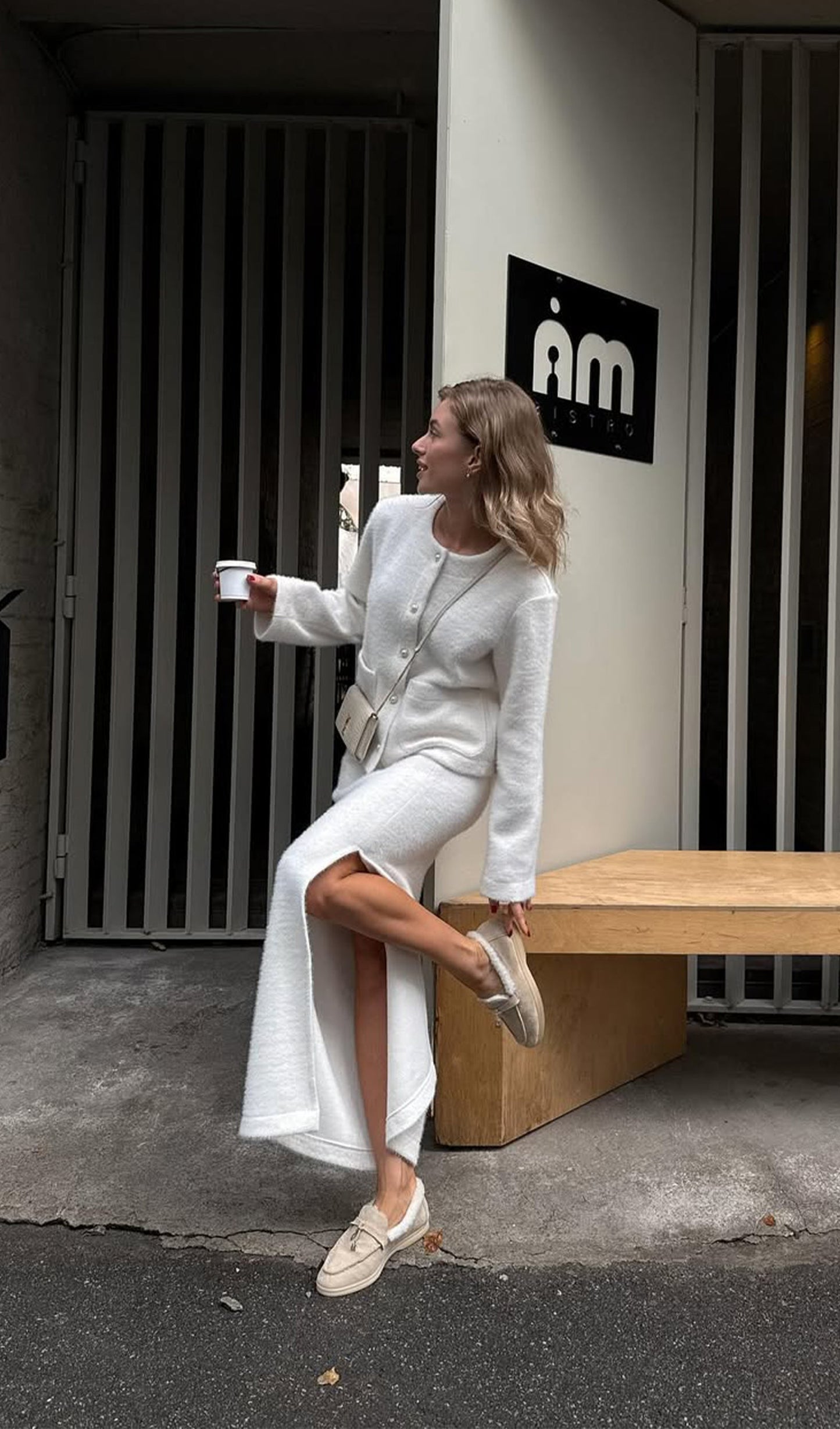 Long Sleeved Top And Slit Skirt Knit Set