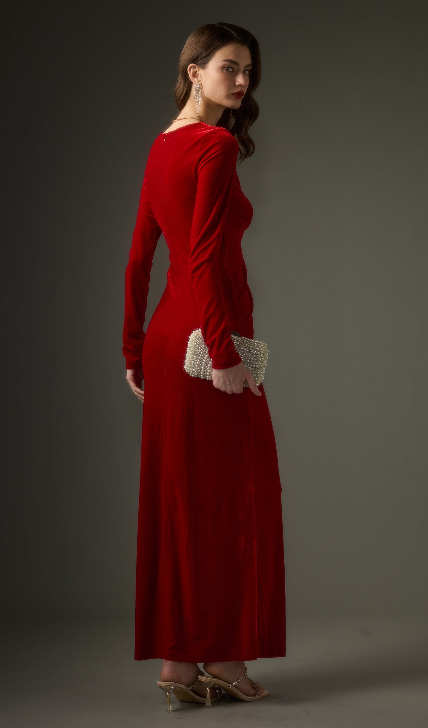 Long Sleeved Gathers Maxi Dress In Red