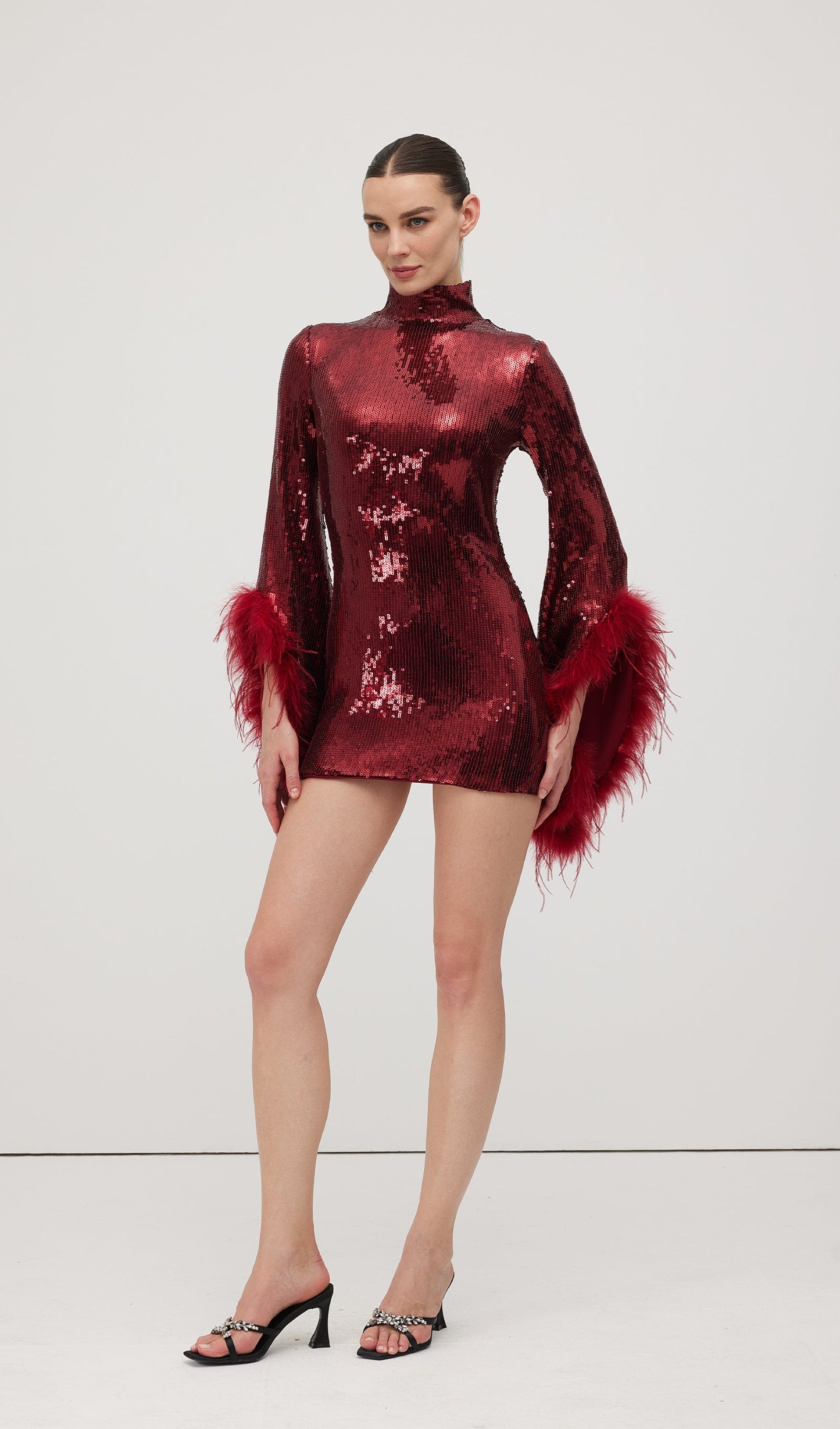 Feather Trimmed Sequined Mini Dress