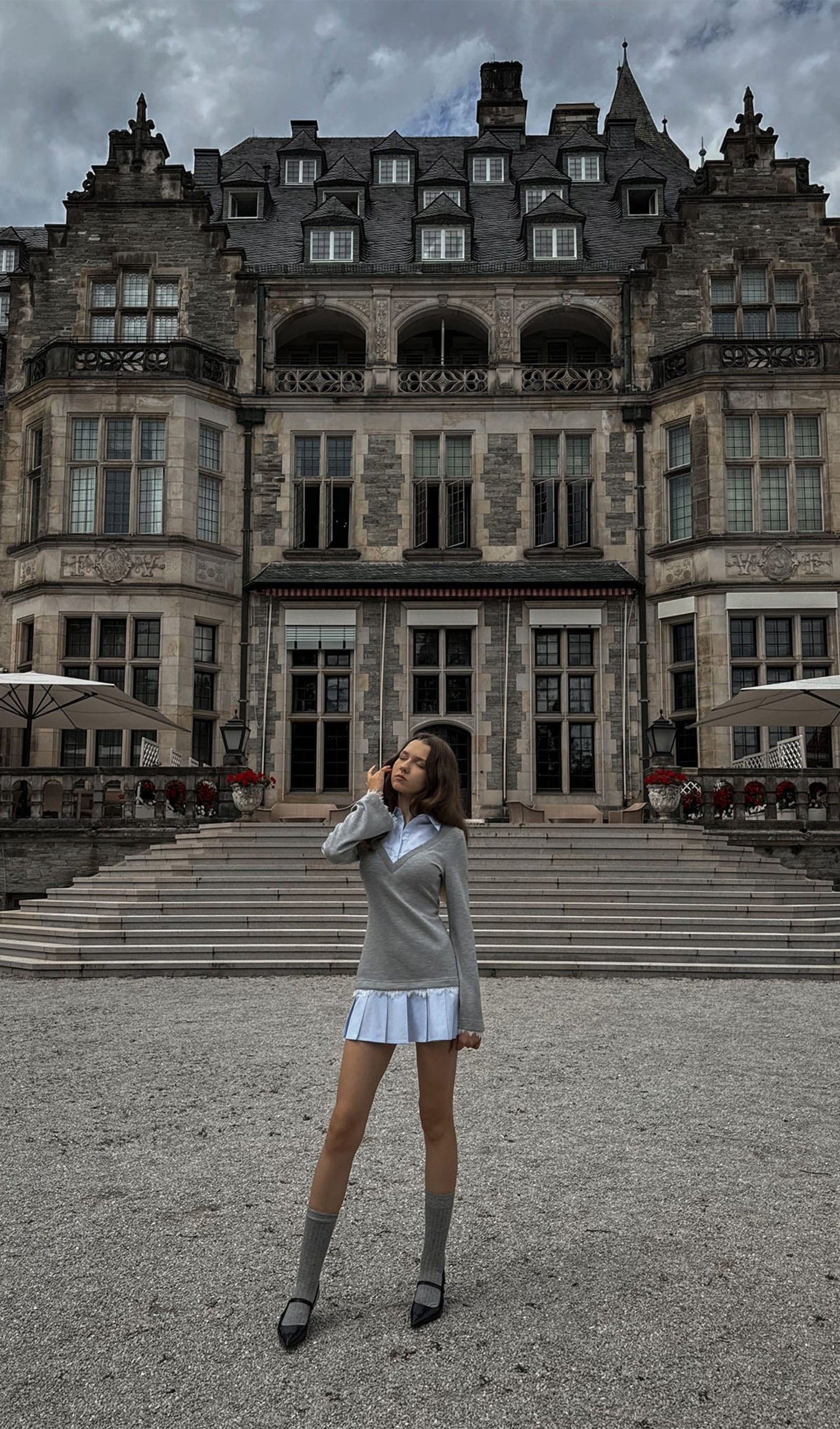 Shirt With Imitation Lace Decor Mini Dress In Grey