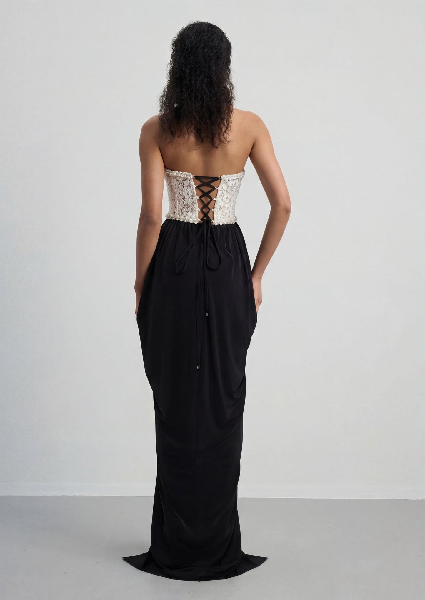 Strapless Lace Beaded Patchwork Maxi Dress