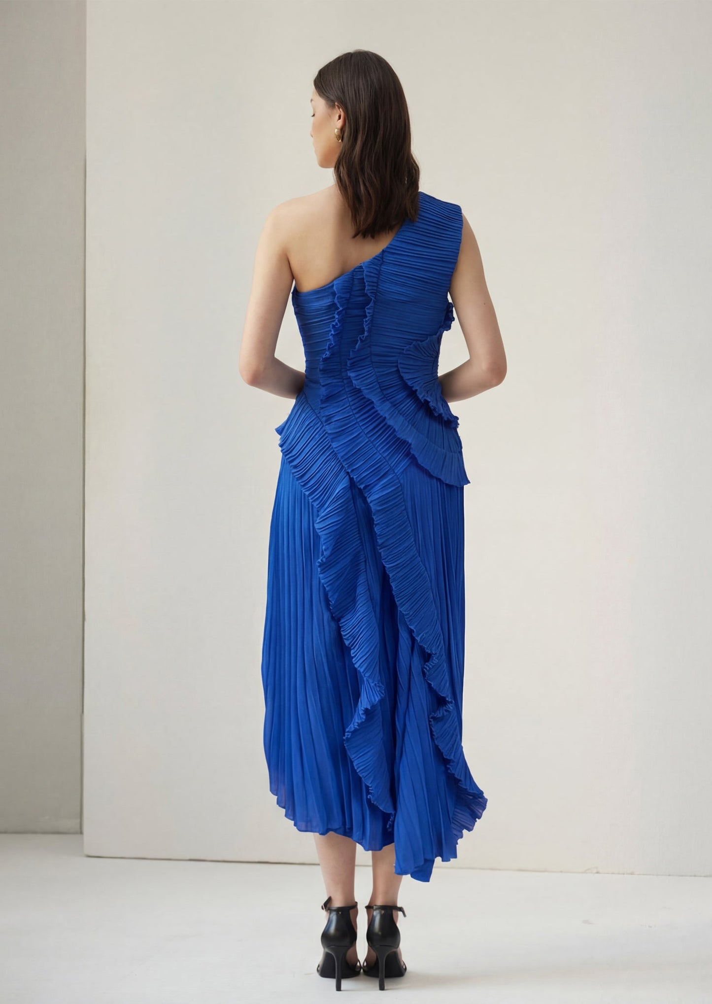 One Shoulder Asymmetric Ruffled Midi Dress