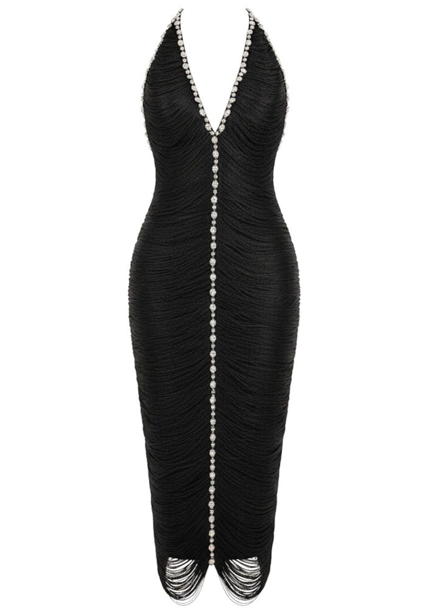 Halterneck Embellished Fringed Midi Dress
