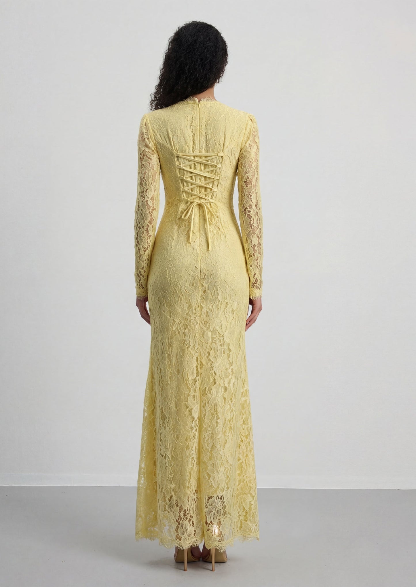 Long Sleeved Back-Tie Lace Maxi Dress In Yellow