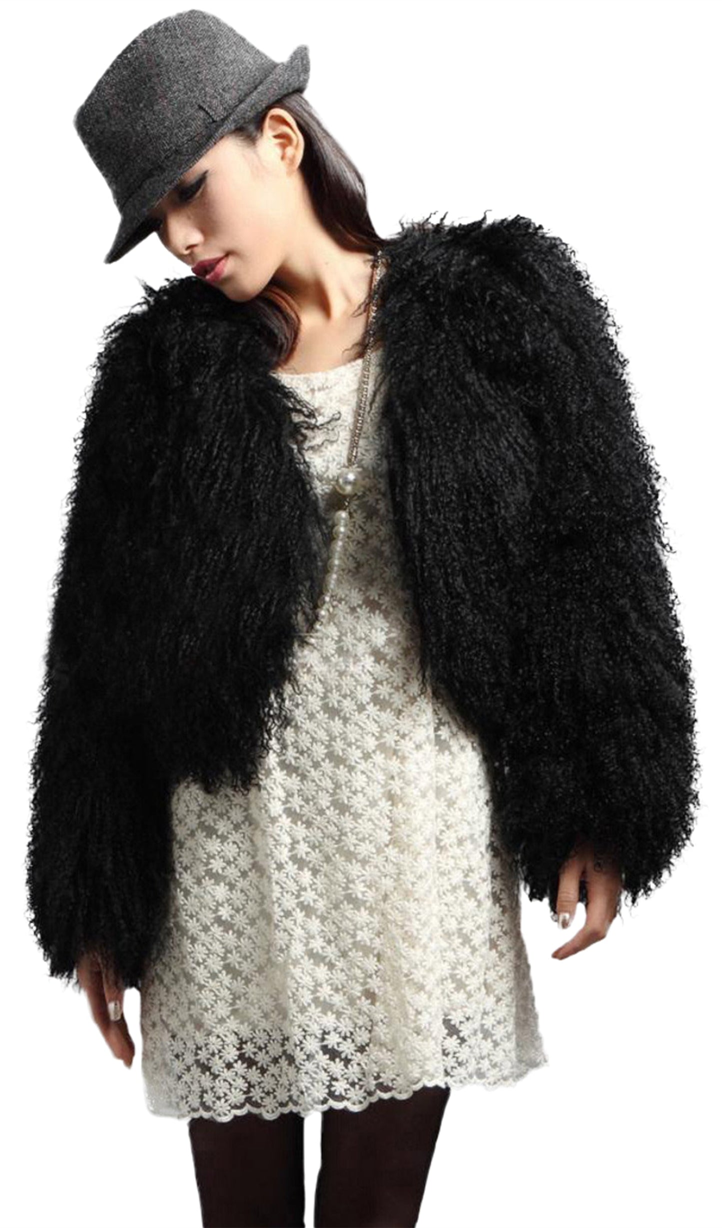 Short Shearling Jacket Coat-Black