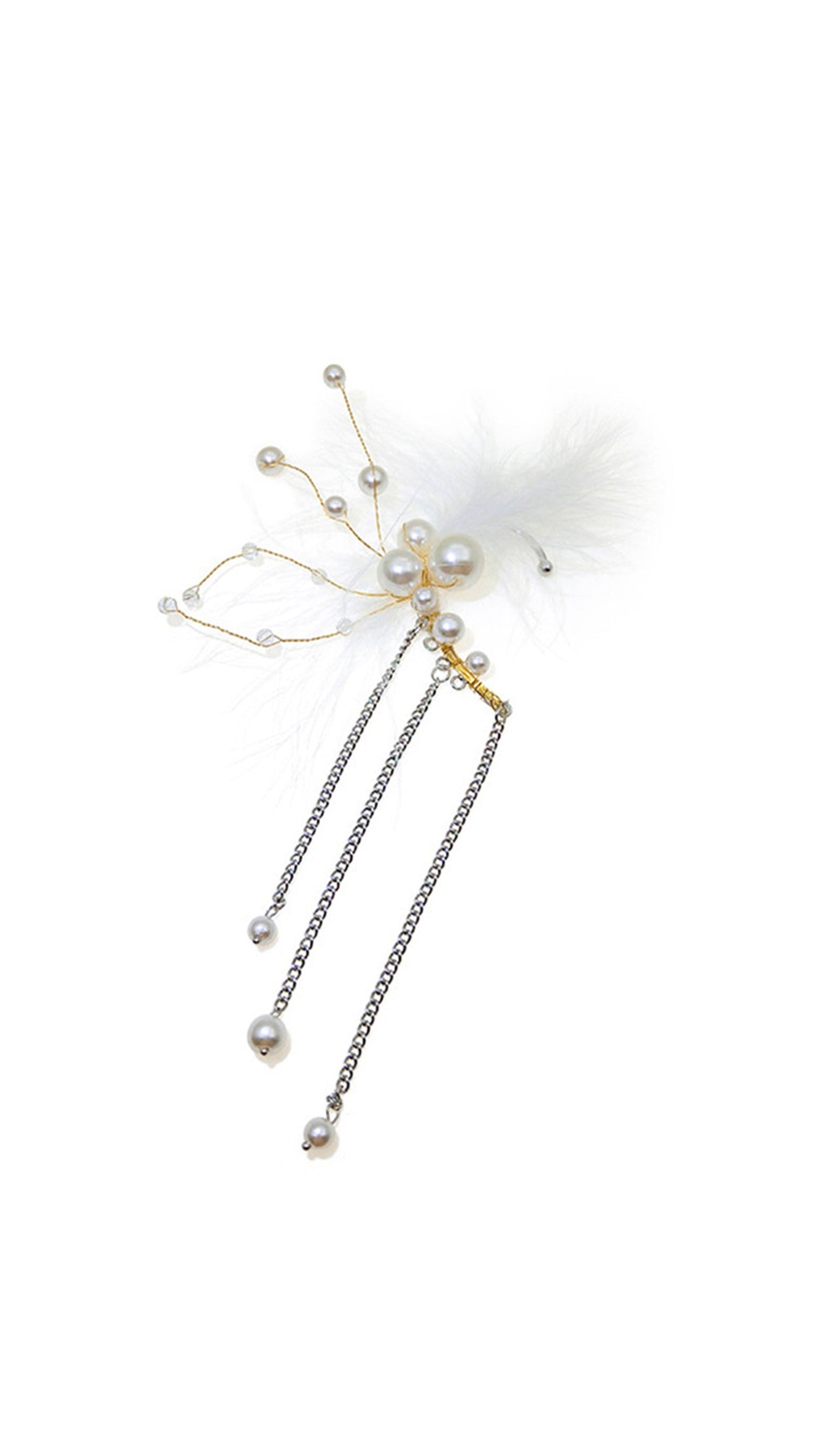 Feather Pearl Climber Tassel Cuff Single Earrings
