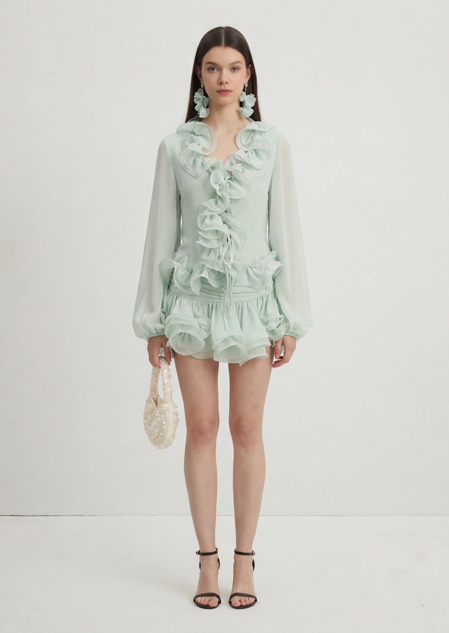 Flounced Chiffon Blouse & Skirt Two Piece Set