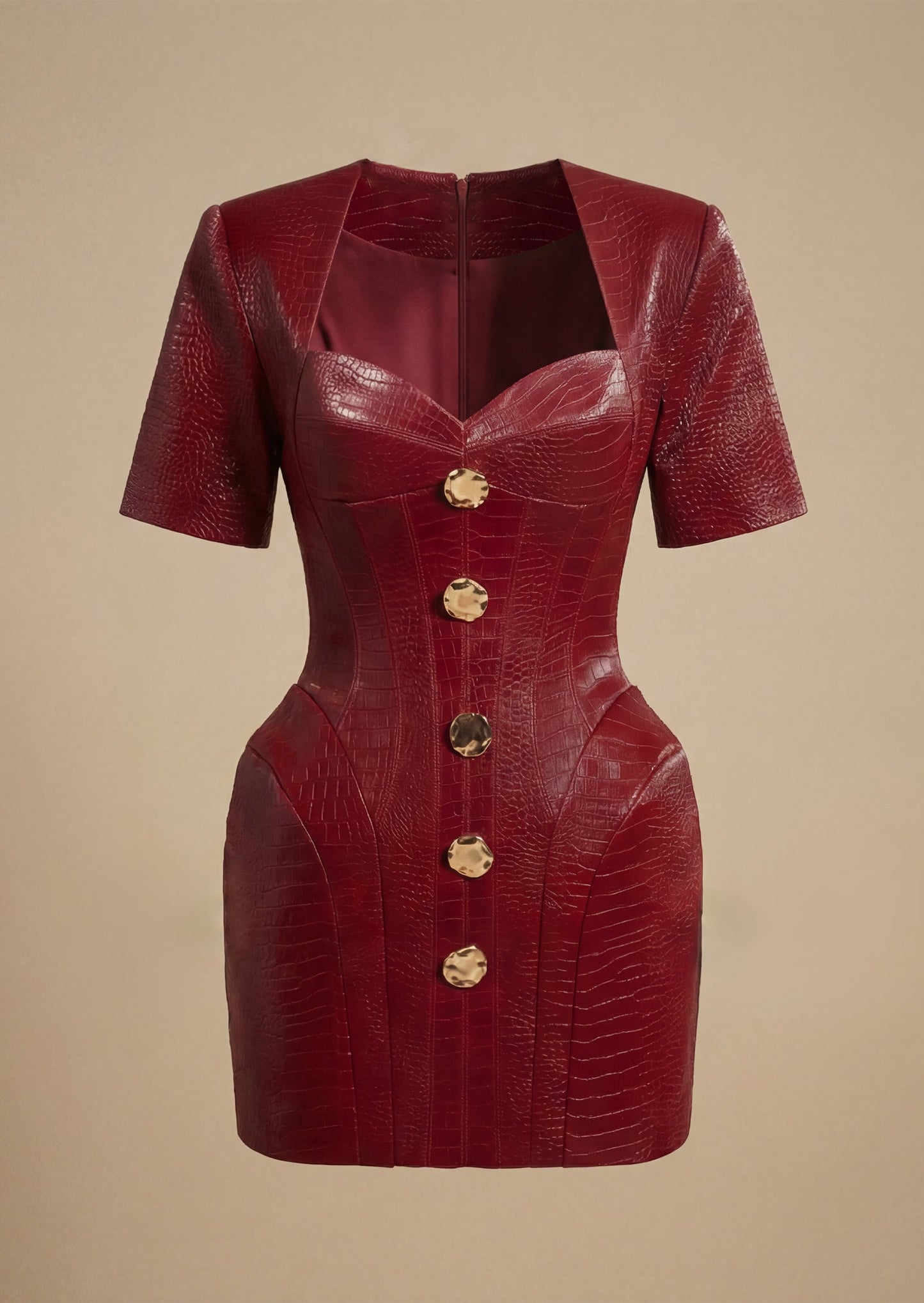 Square Neck Short Leather Dress In Claret