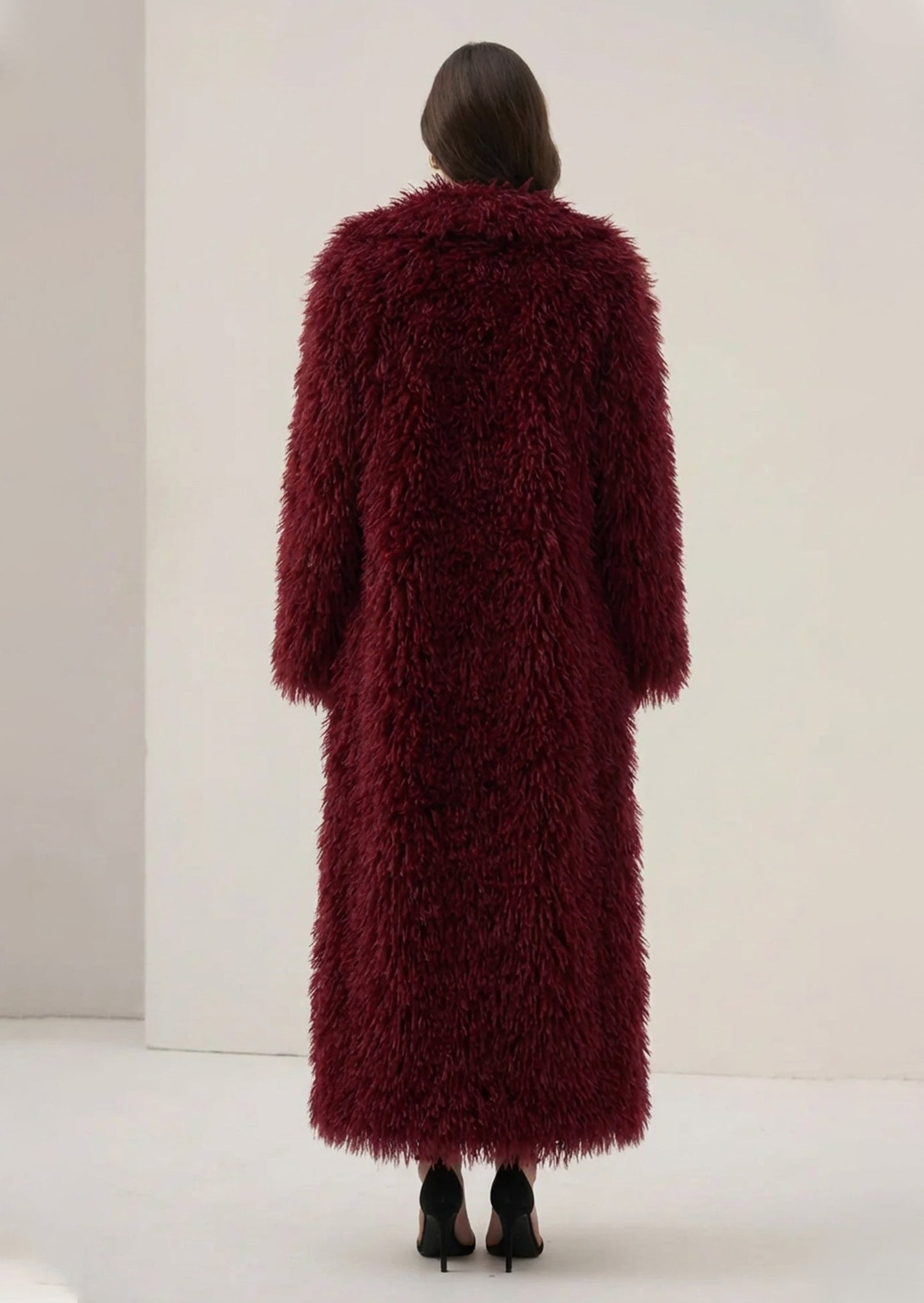 Faux Fur Maxi Jacket In Burgundy