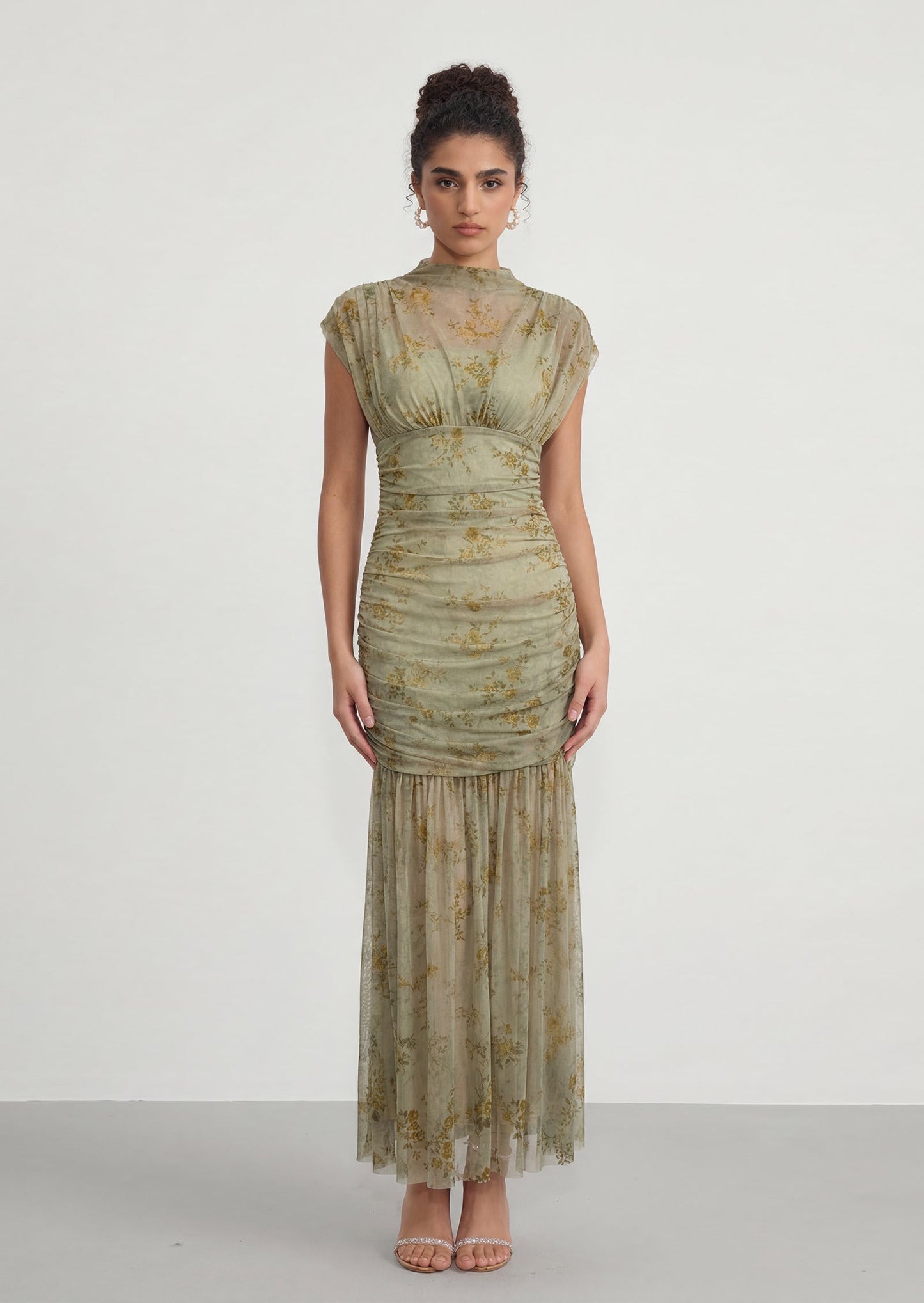 Haruna Floral Ruched Mesh Maxi Dress