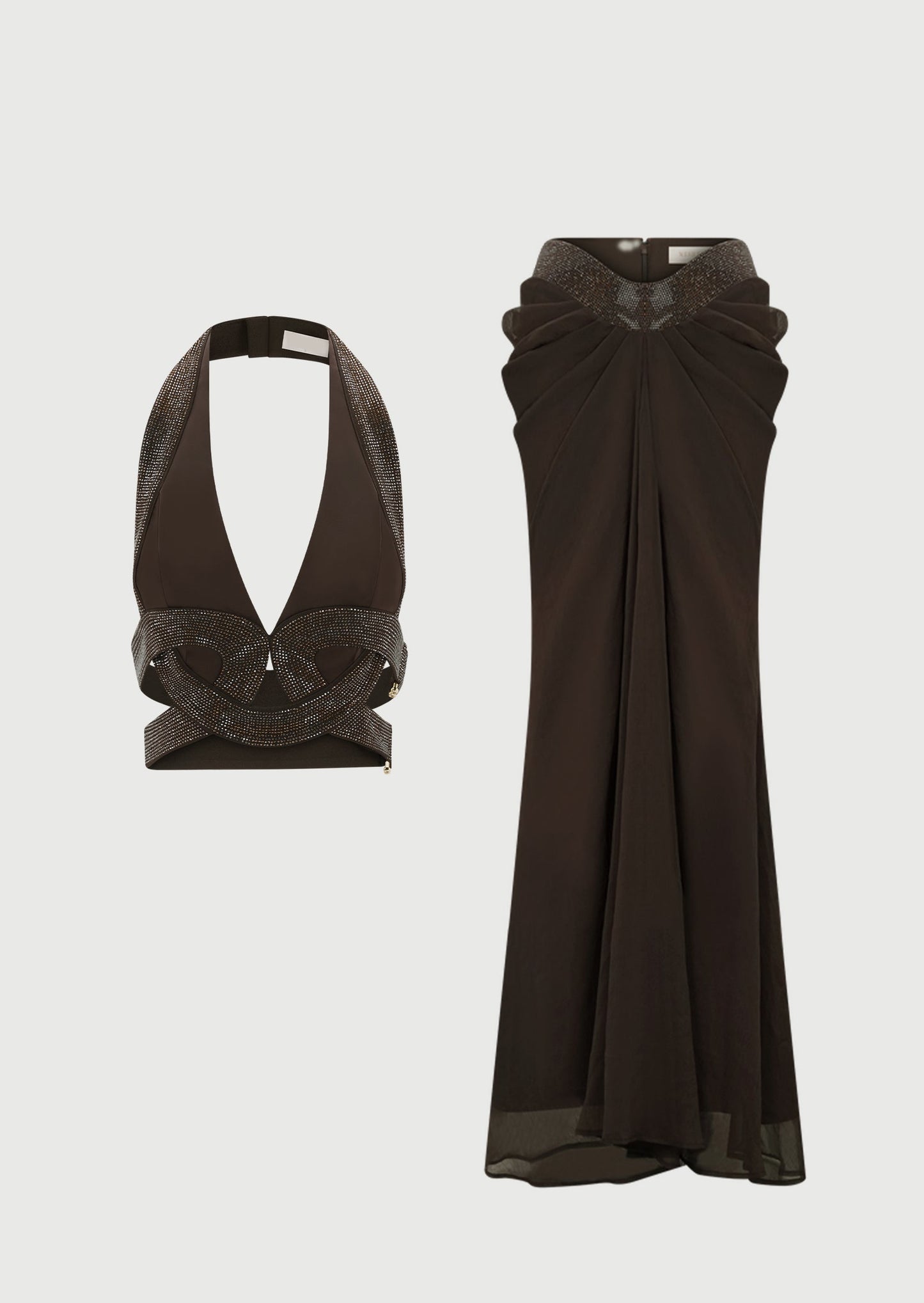 Satin And Diamante Halter Top & Ruched Skirt Set