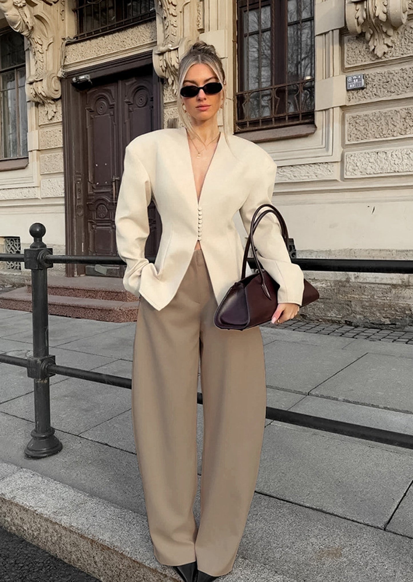 Waist Cinching V Neck Long Sleeved Top