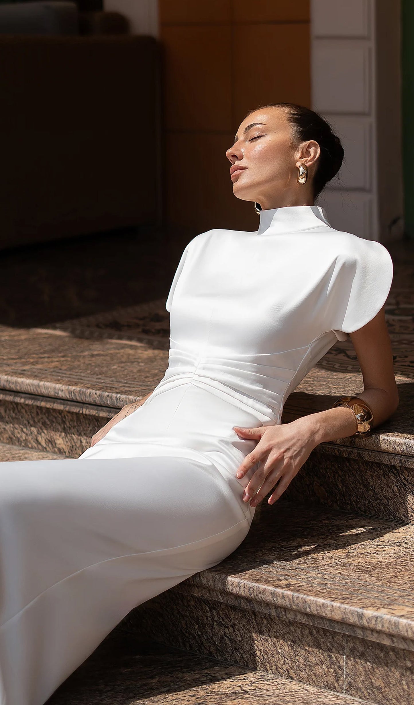 Satin High-Neck Puff Sleeve Maxi Dress