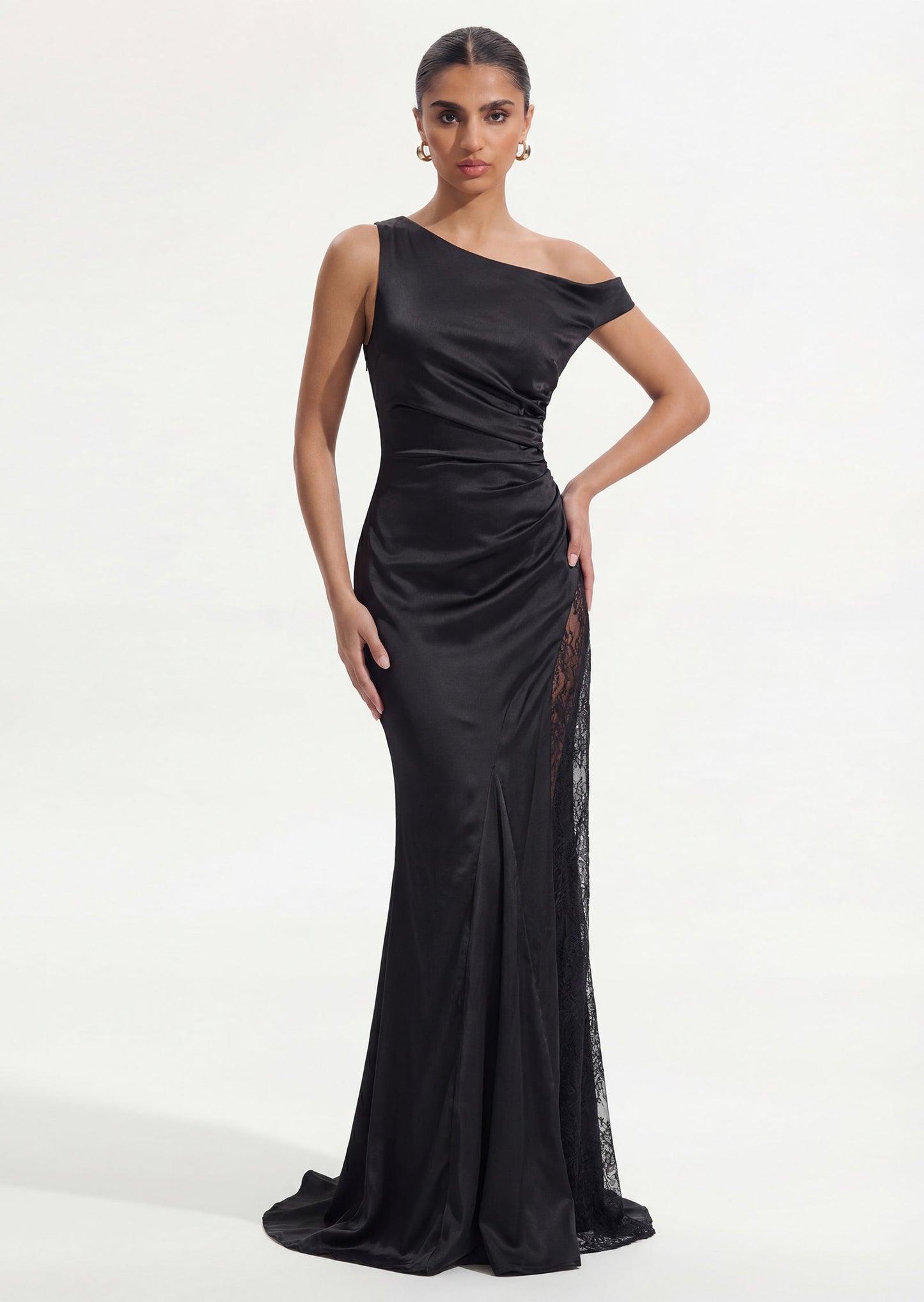 One Shoulder Lace Satin Maxi Dress