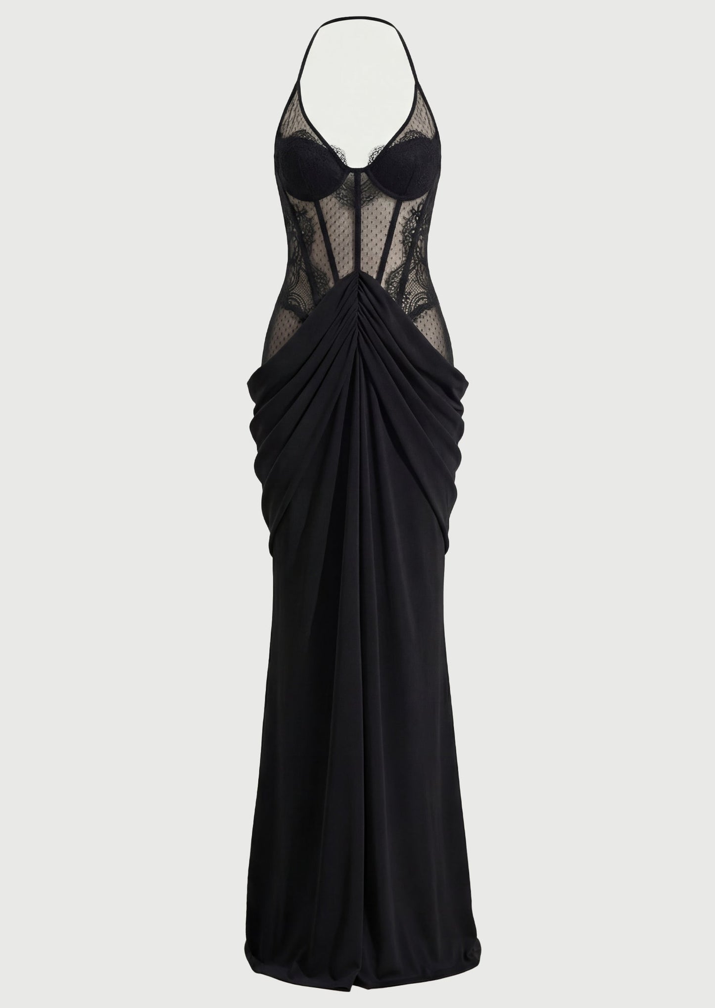 Lace Fishbone Patchwork Sleeveless Maxi Dress Black