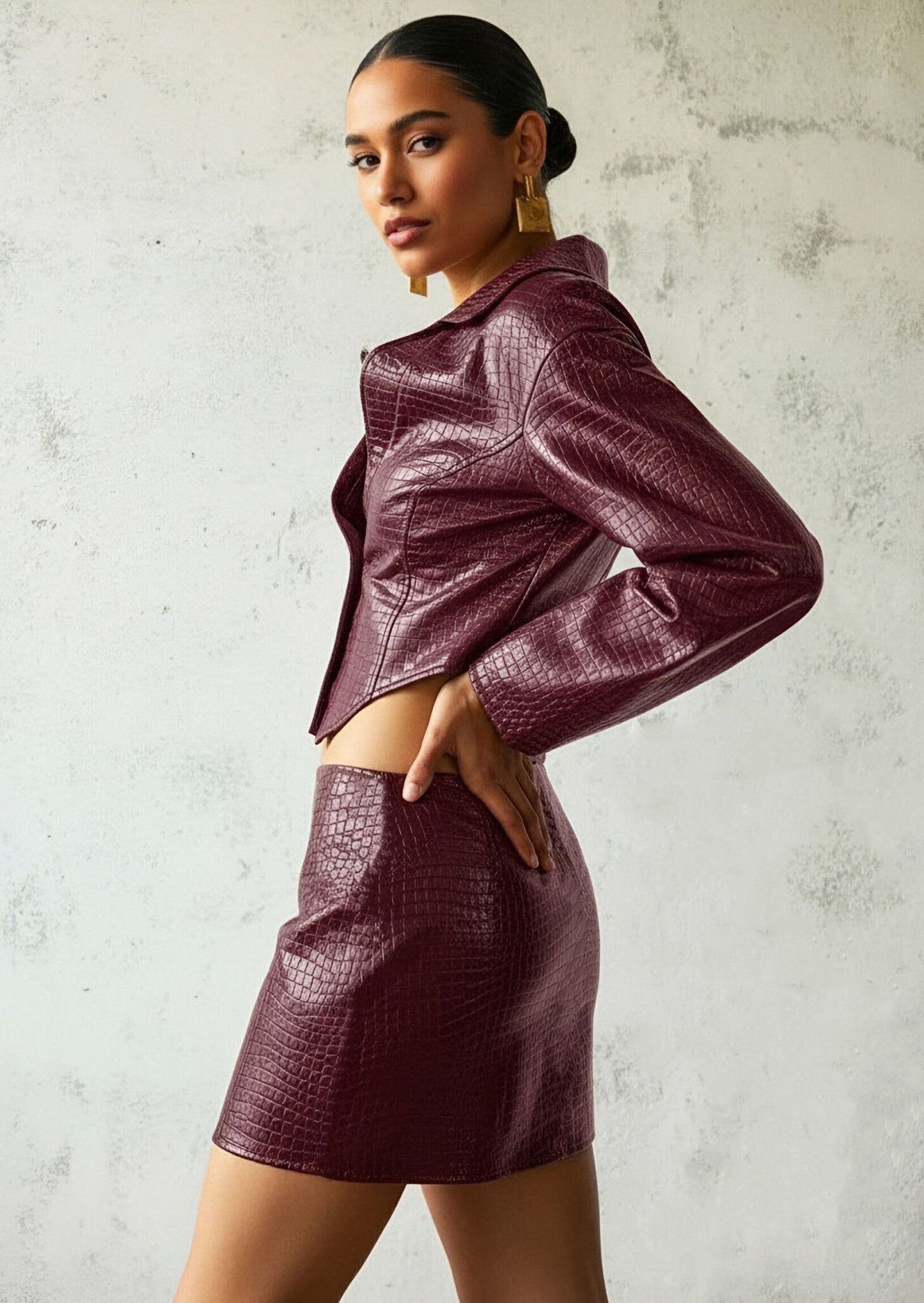 PU Leather Jacket & Mini Skirt Two-Piece Set