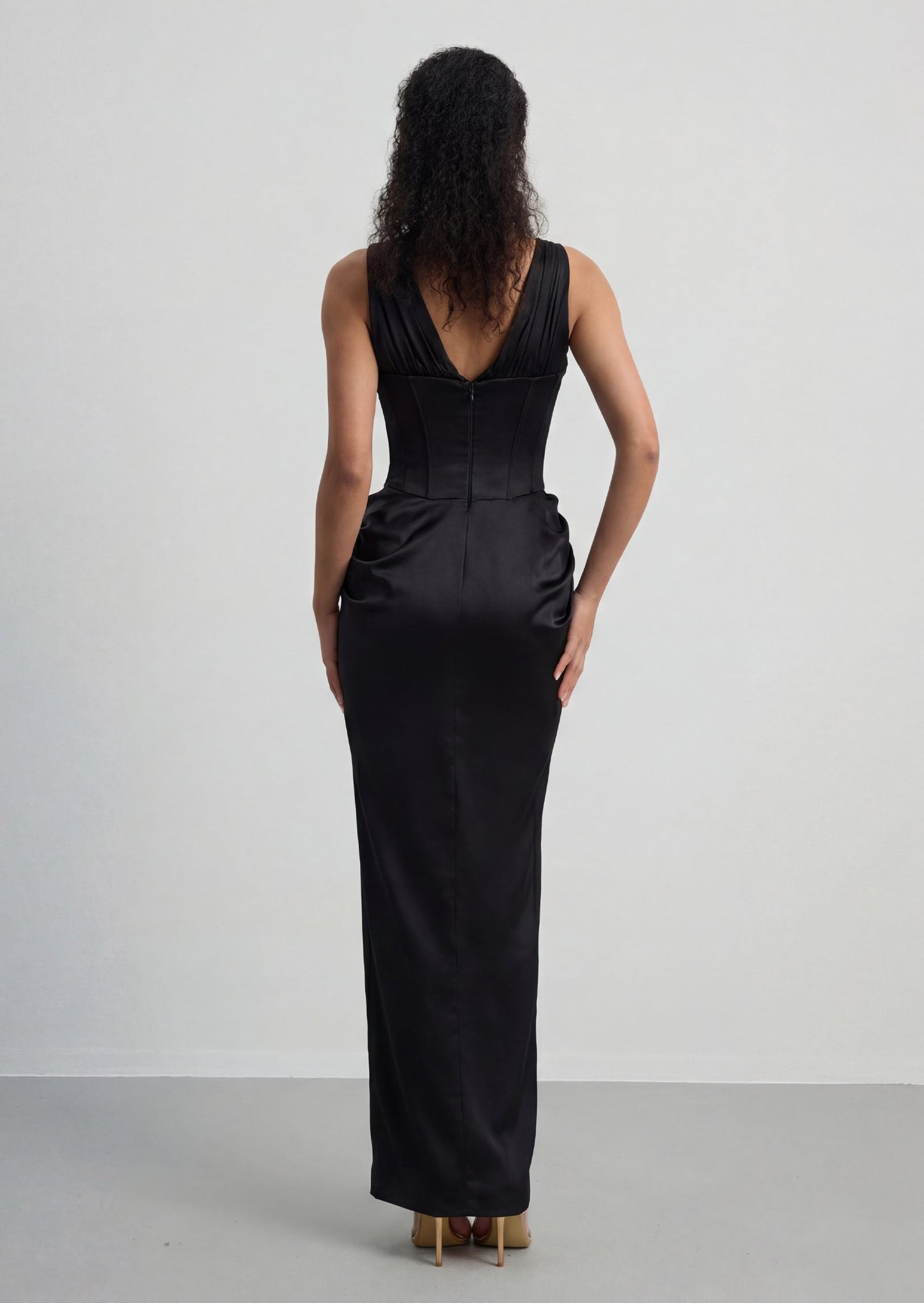Satin Corset Maxi Dress In Black