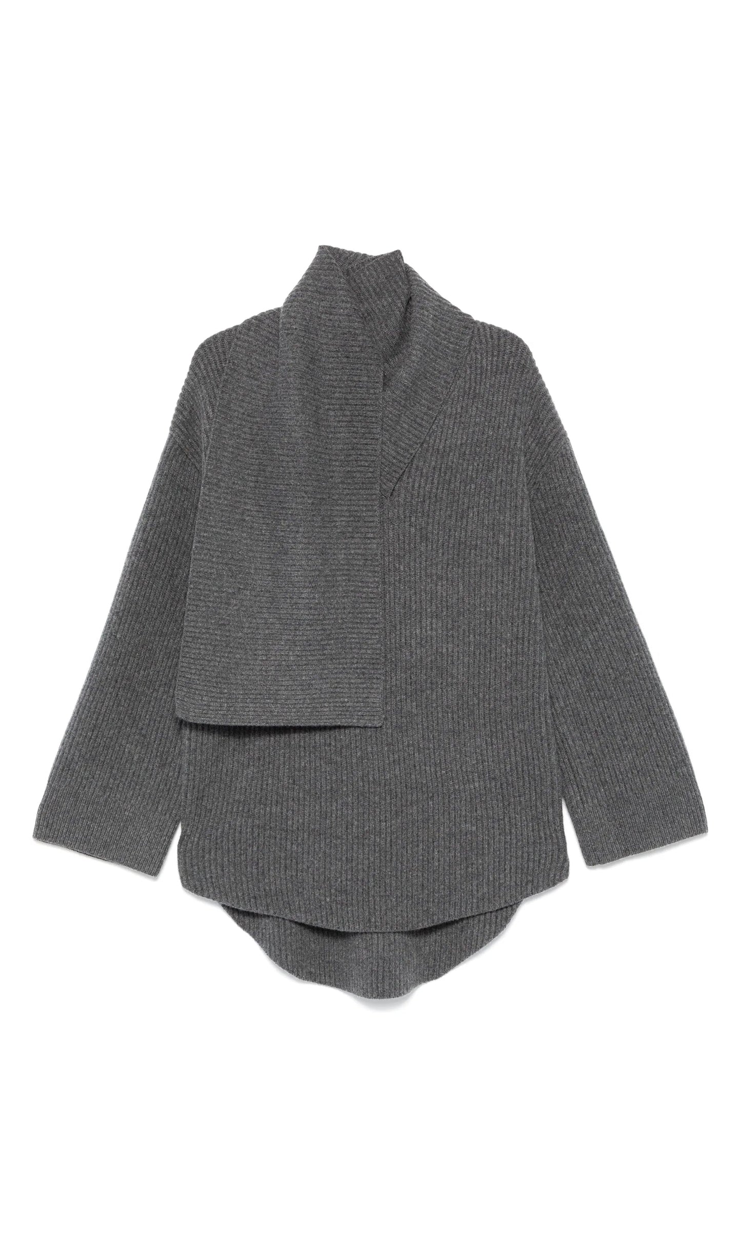 Ribbed-Knit Wool Scarf Sweater In Deep Grey