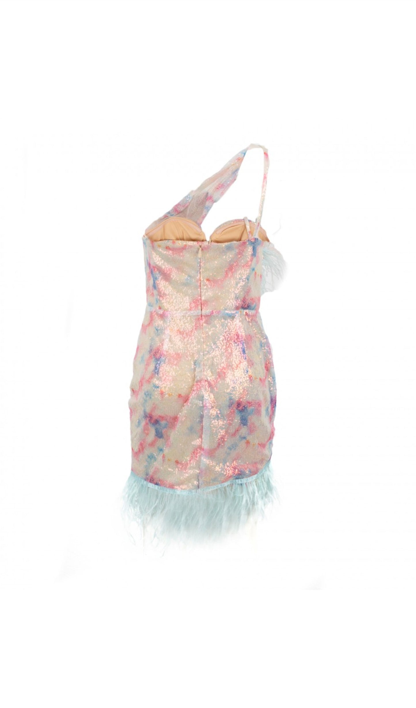 Asymmetric Sequined With Feathers Mini Dress