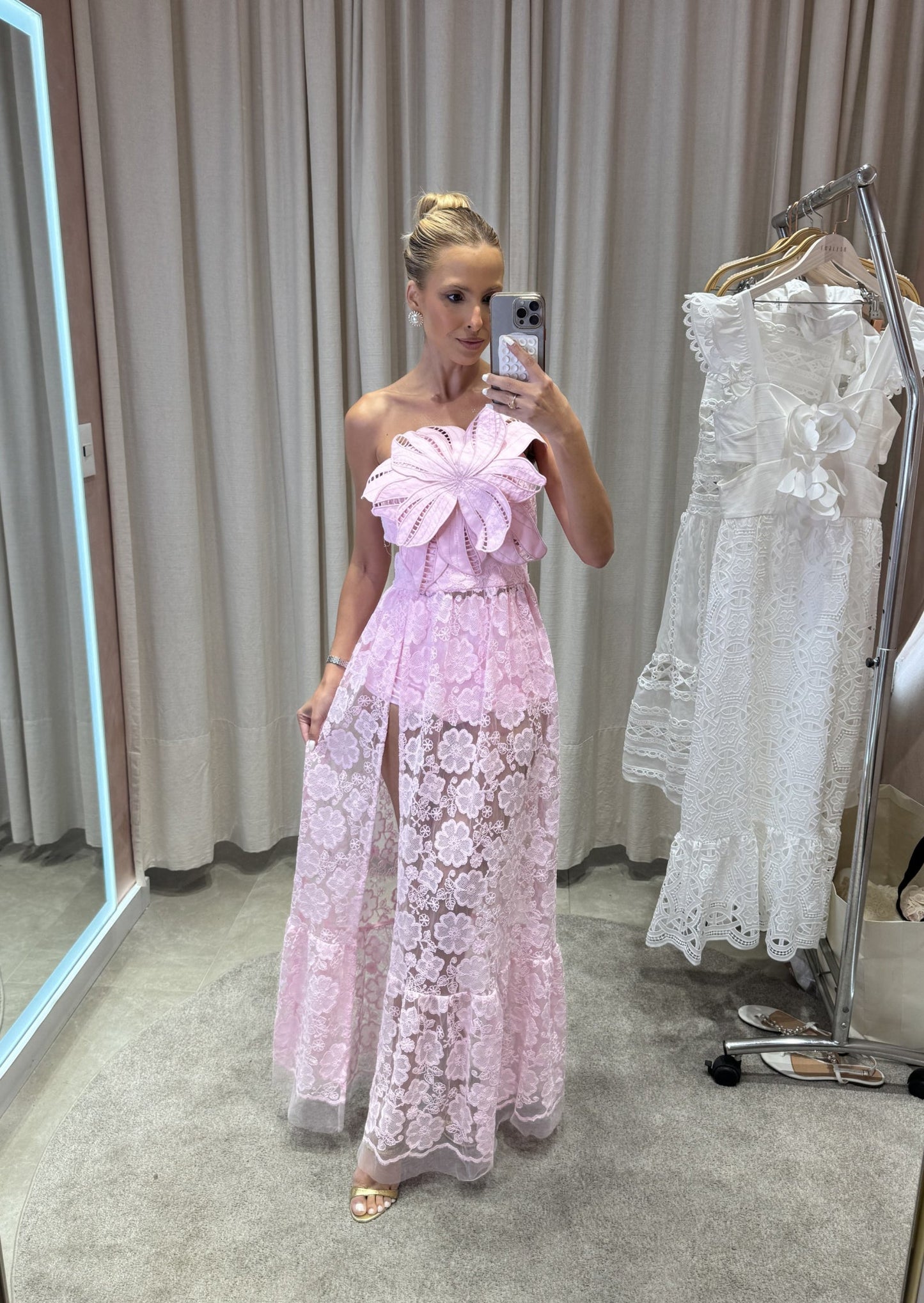 Embroidered Tulle Slit Maxi Dress In Pink