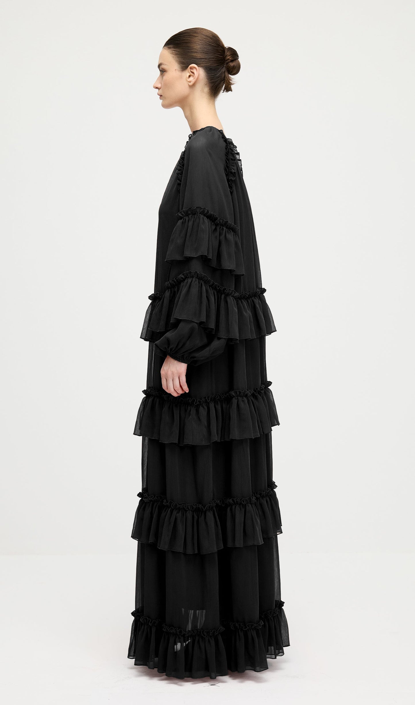 Ruffle Tiered Puff Sleeve Maxi Dress In Black