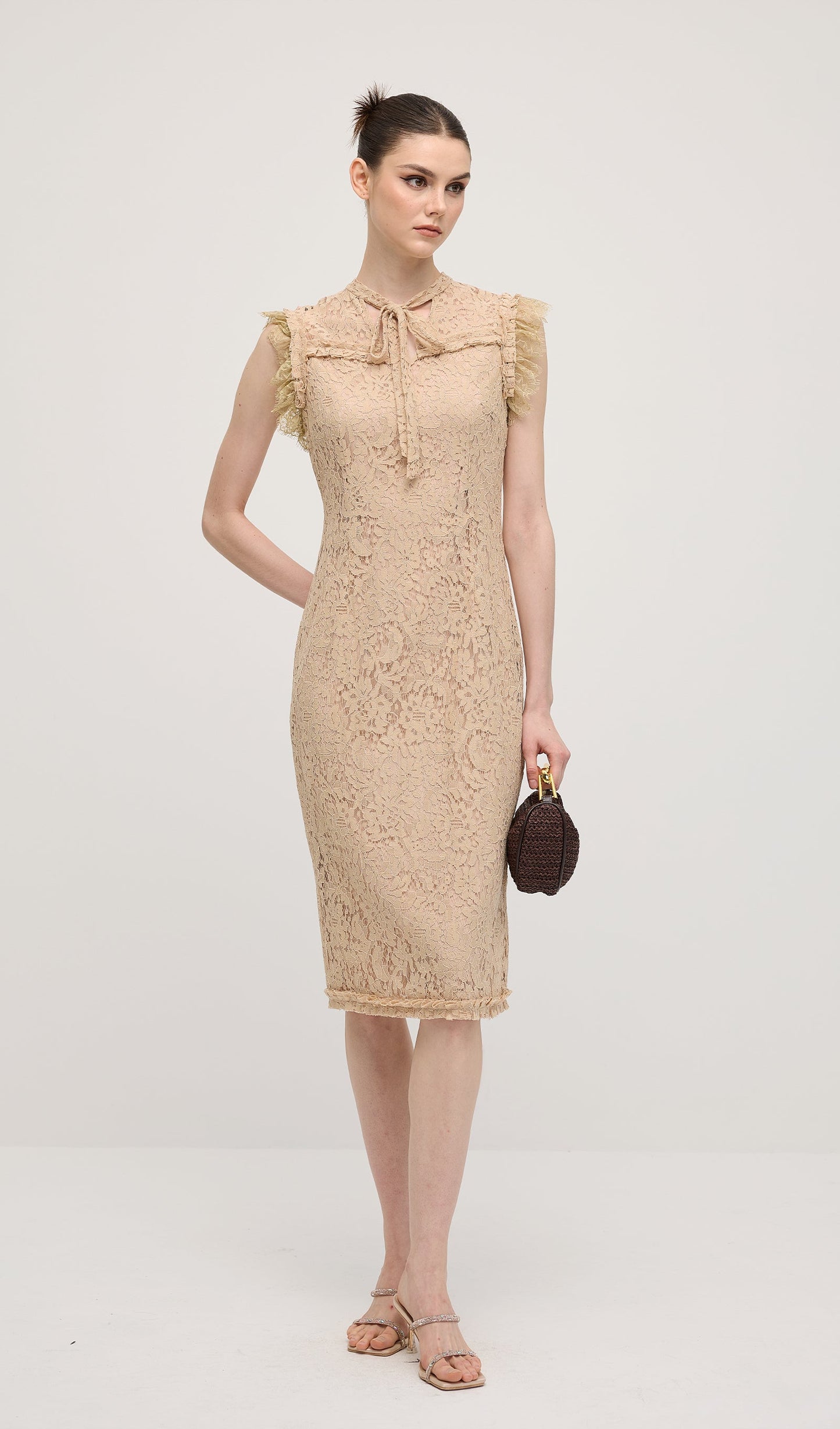 Vintage Embroidered Ruffled Lace Midi Dress