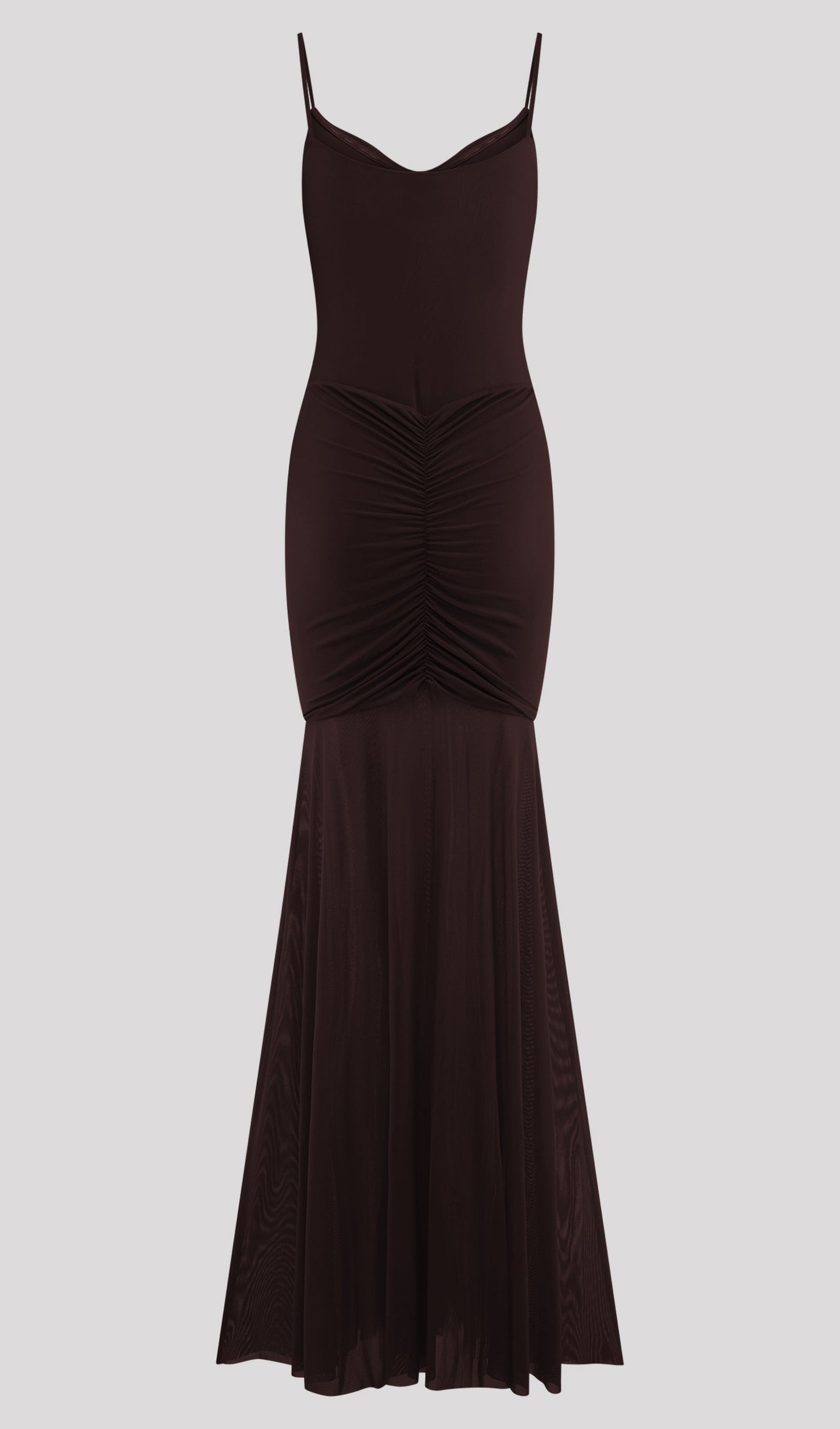Slinky And Mesh Maxi Dress In Chocolate