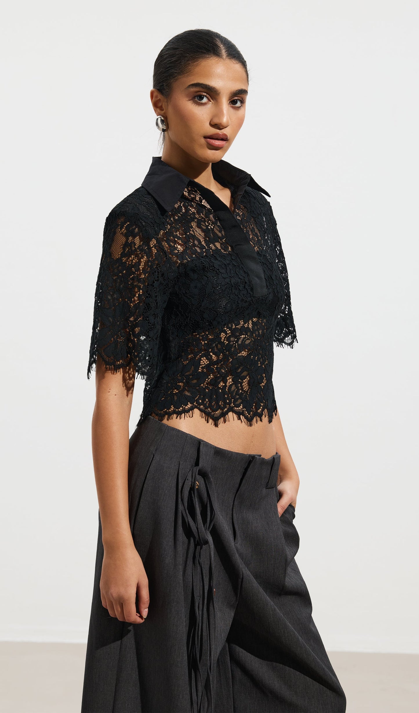 Short Sleeved Lace Sheer Top