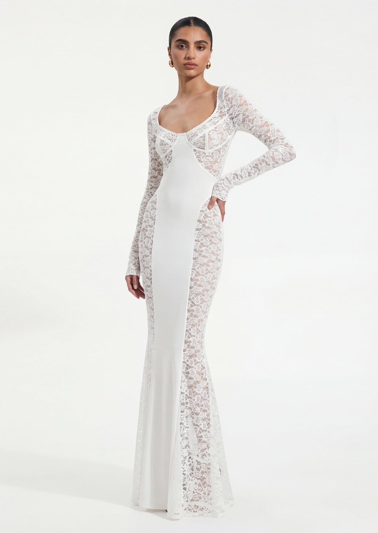 Long Sleeve Lace Panelled Maxi Dress In White