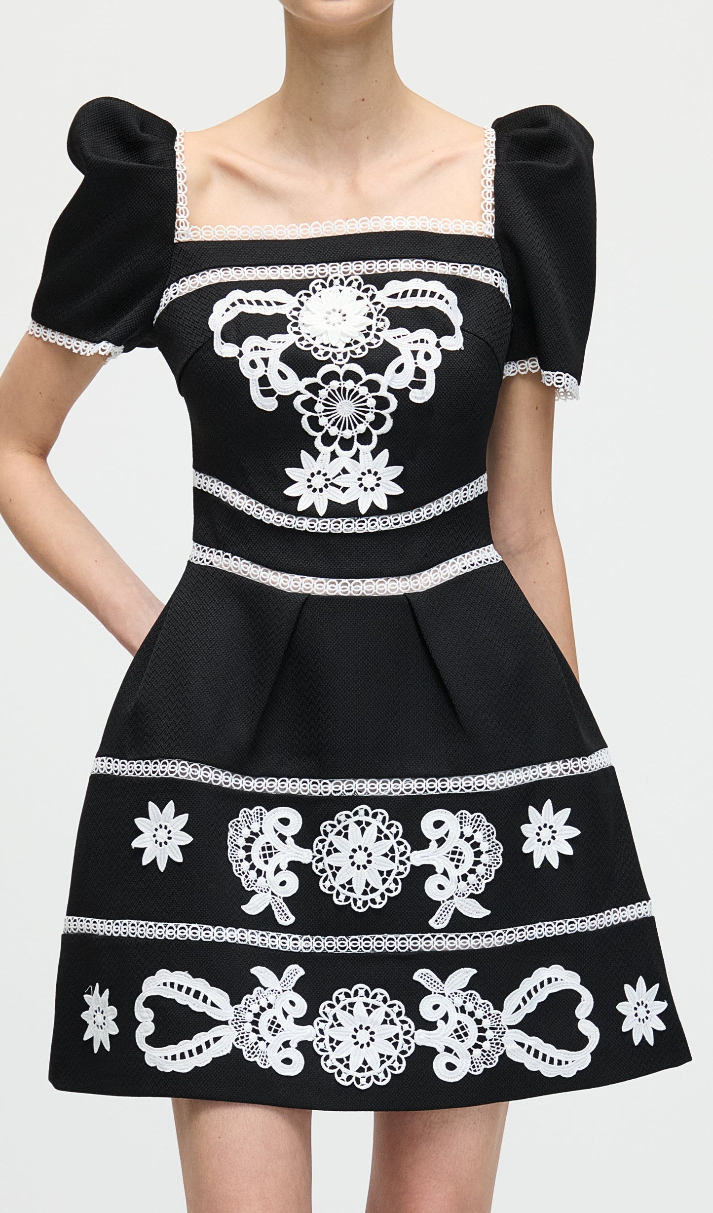A Line Embroidered Puff Sleeves Mini Dress