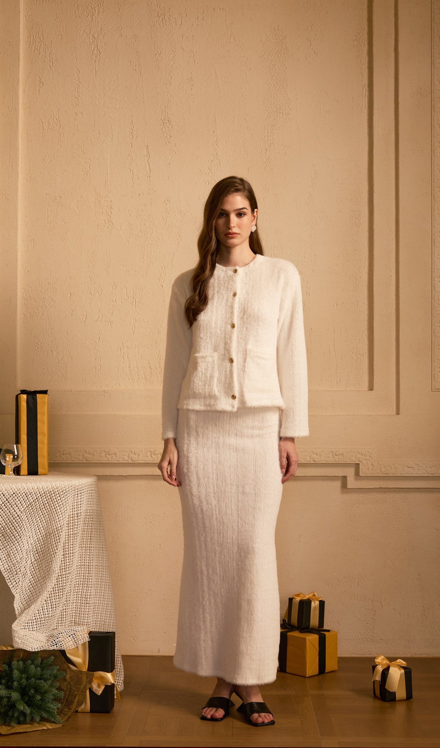 Fluffy Knitted Cardigan & Maxi Skirt Set White