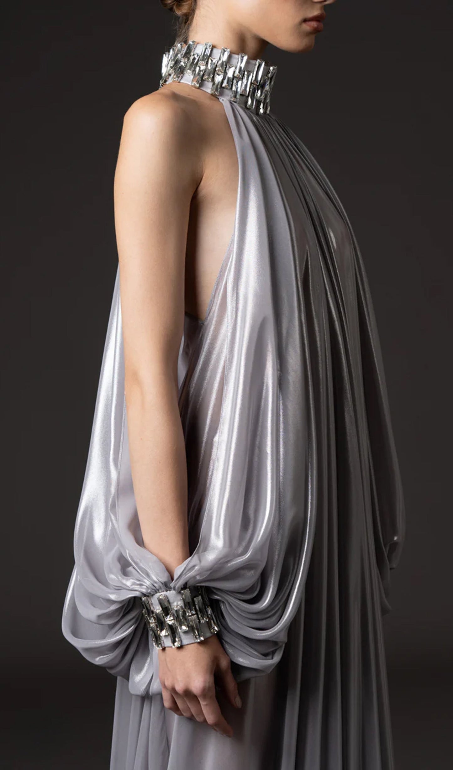 Silver Chiffon Lamé Maxi Dress With Halter Neck