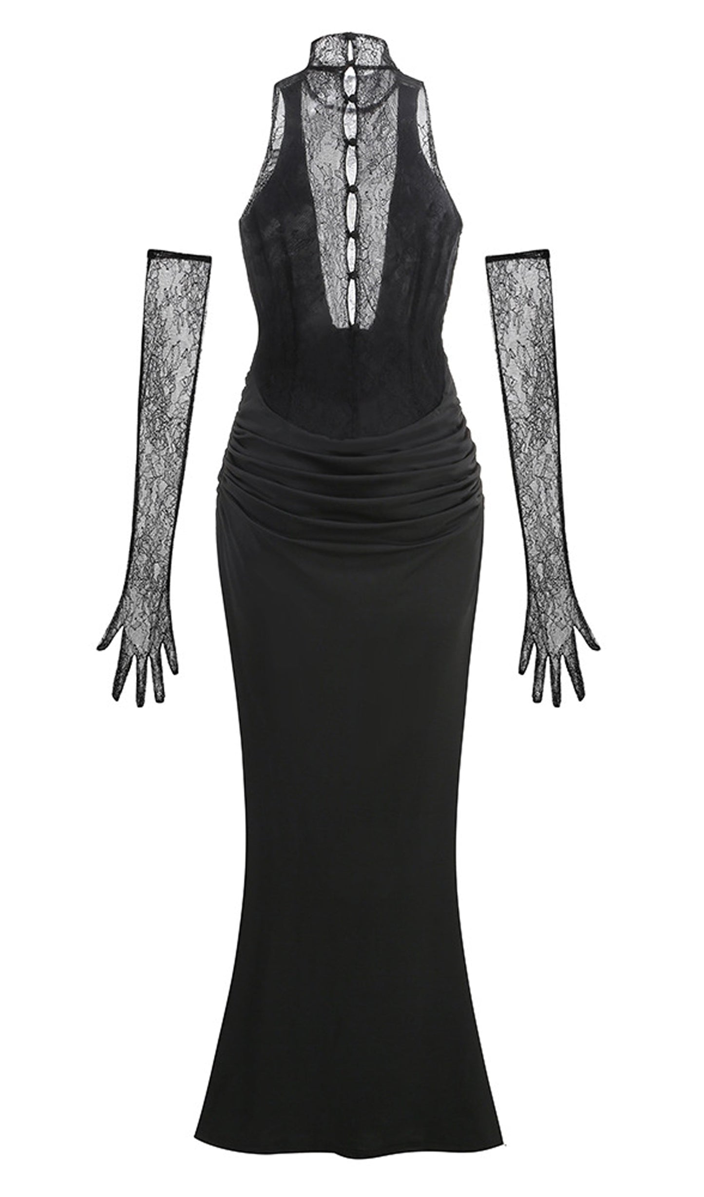 Lace Bodice Ruched Maxi Dress In Black