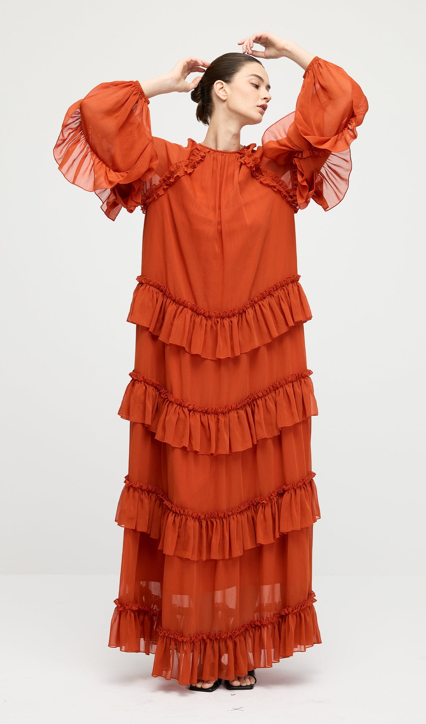 Ruffle Tiered Puff Sleeve Maxi Dress In Orange