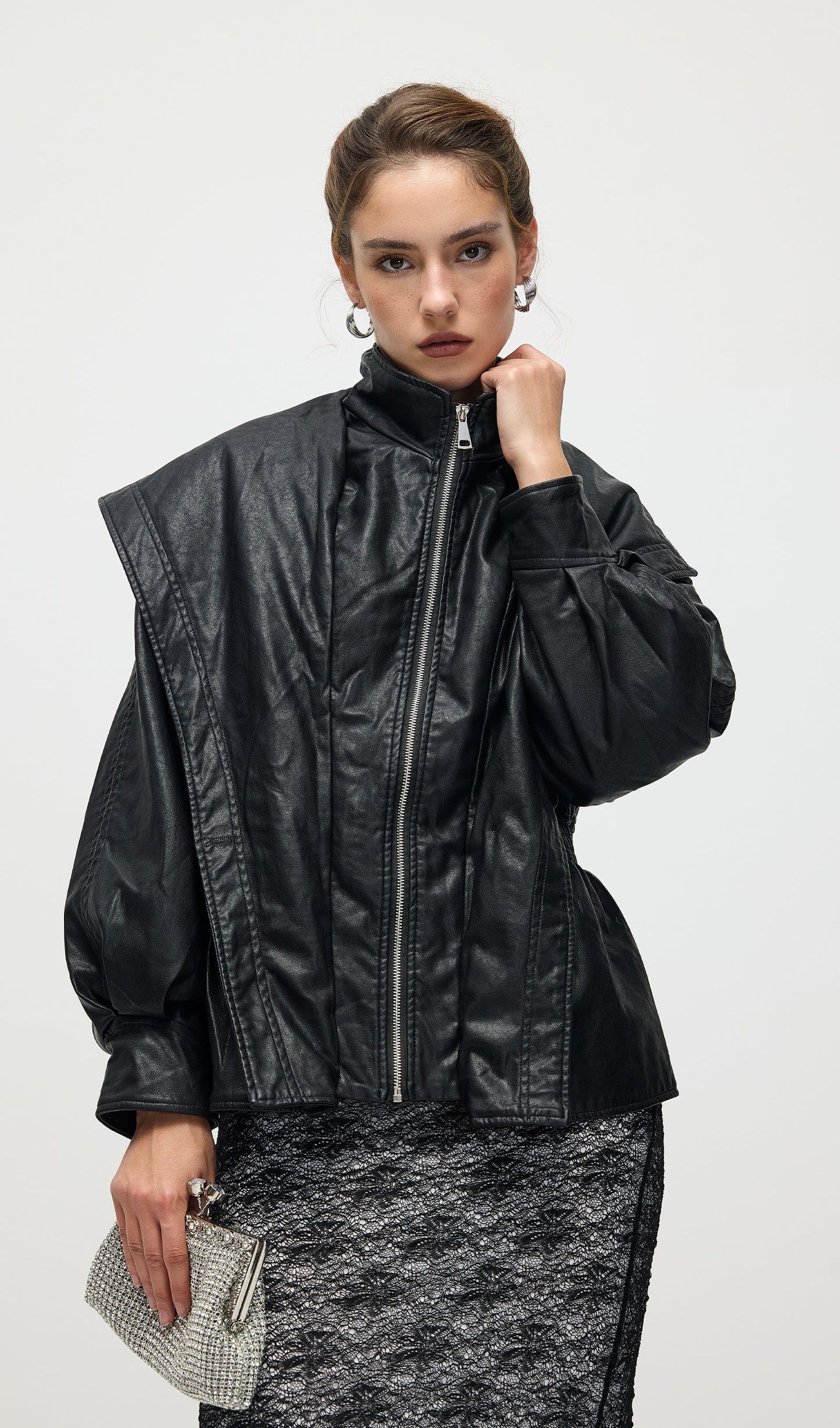 Waisted Lapel Leather Jacket In Black