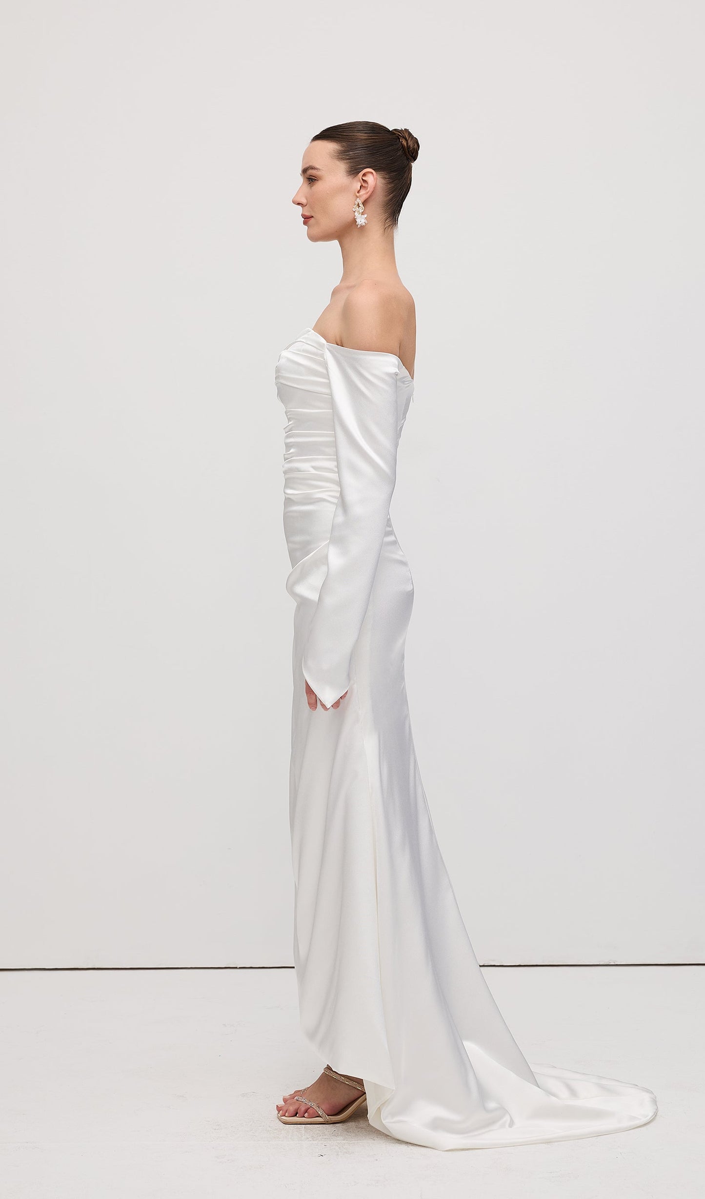 Satin Off Shoulder Ruched Maxi Dress