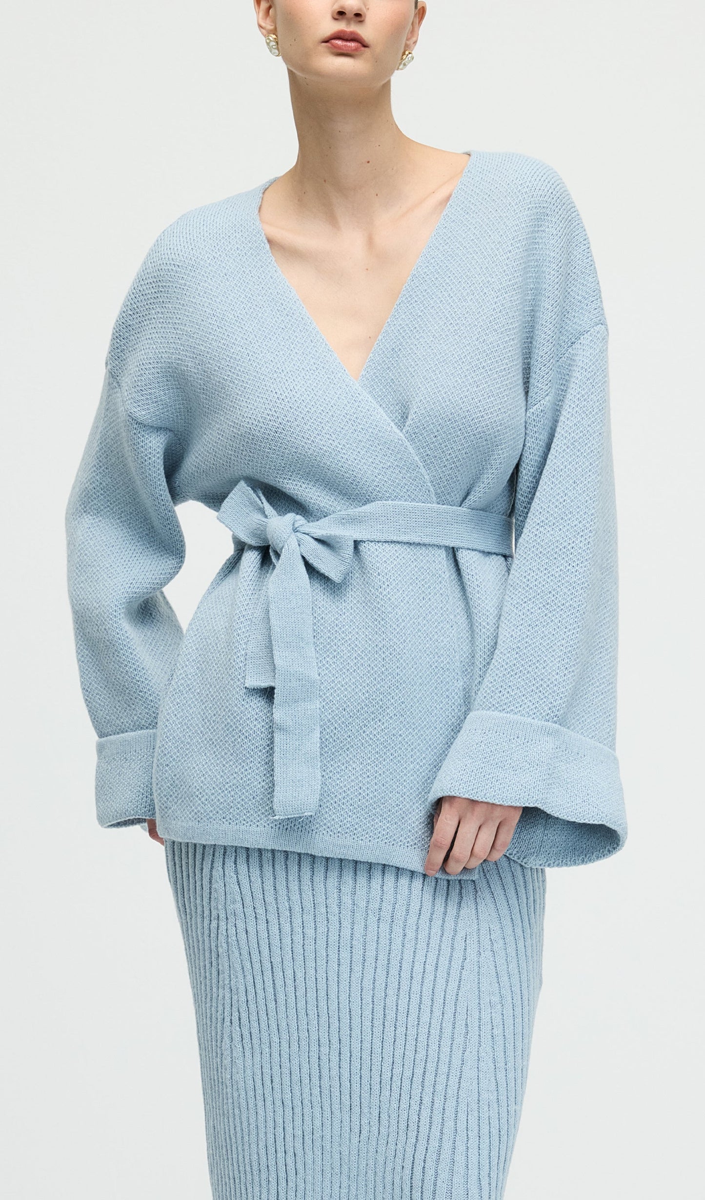 V Neck Waist Tie Knitted Top & Skirt Set