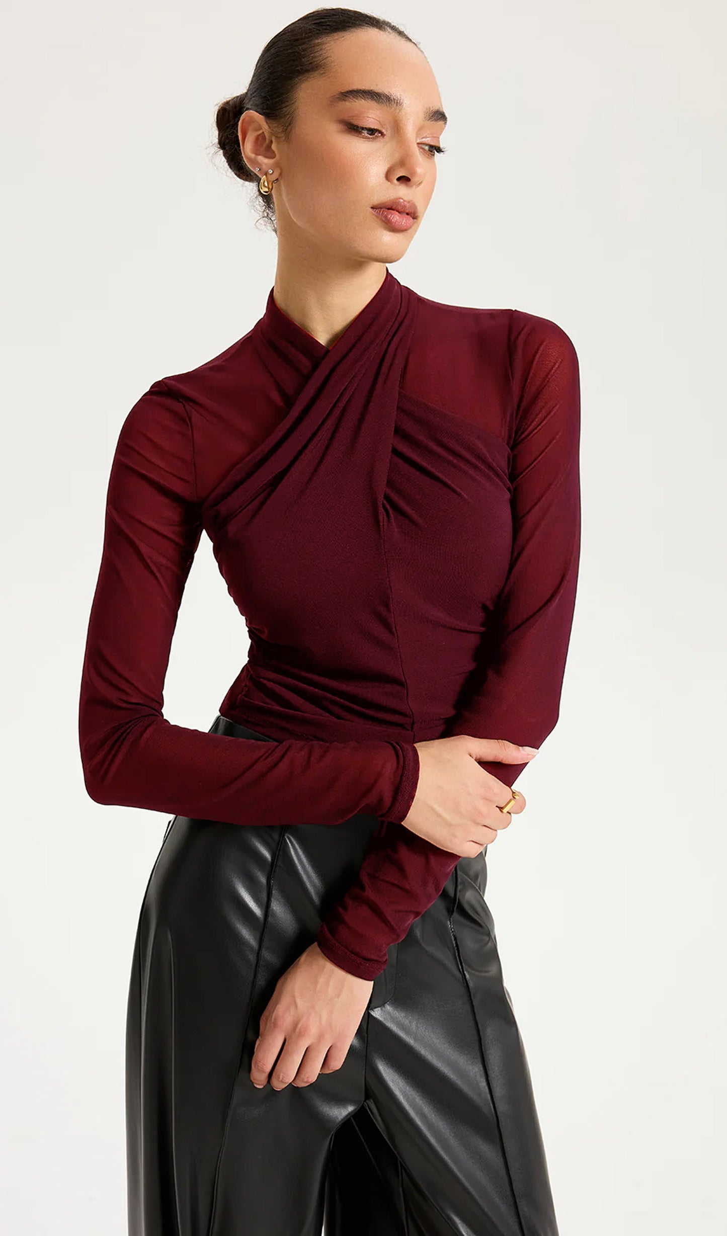 Cross-Front Sheer Mesh Long-Sleeve Top Claret