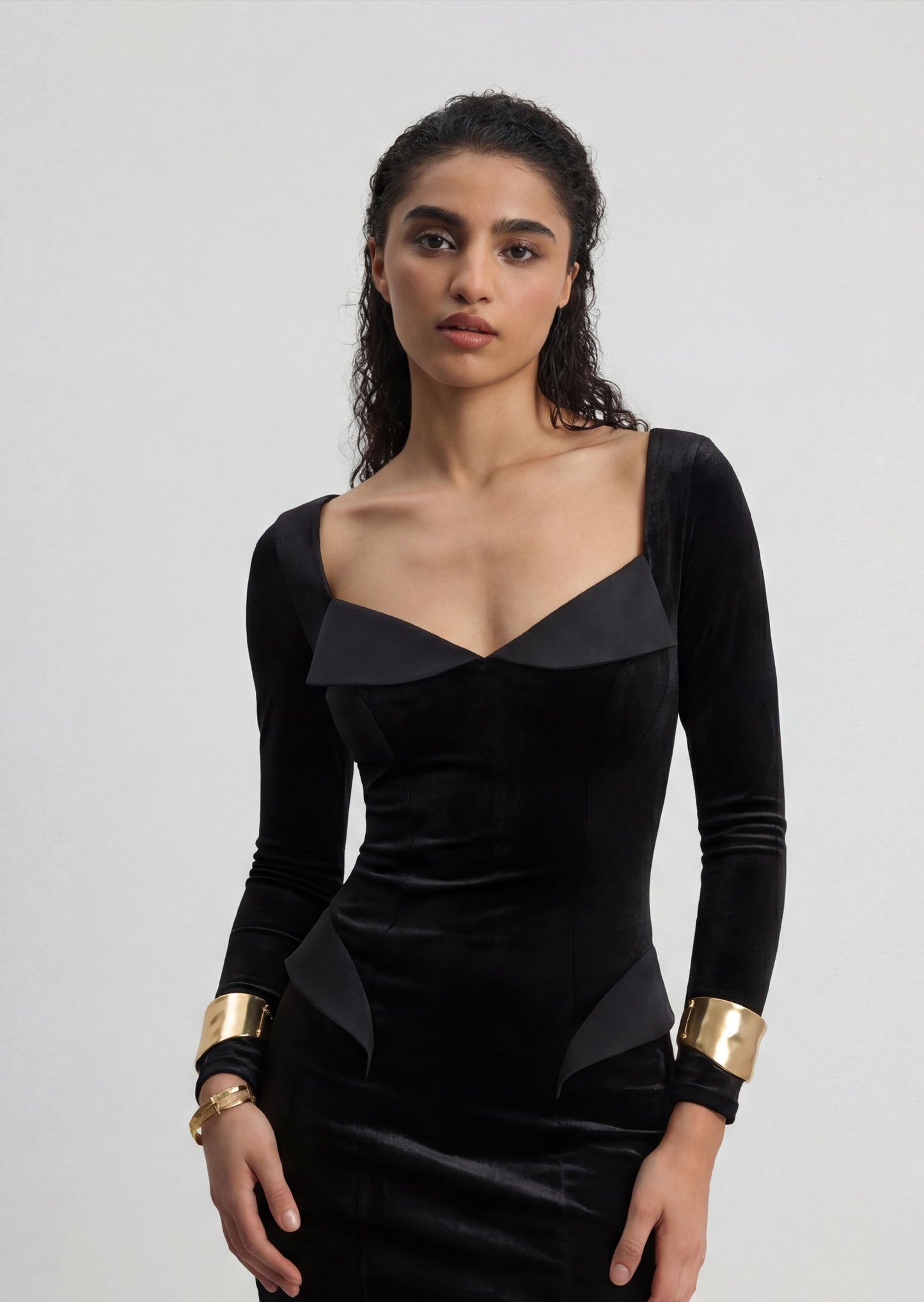 Velvet Shaped Neckline Slit Maxi Dress
