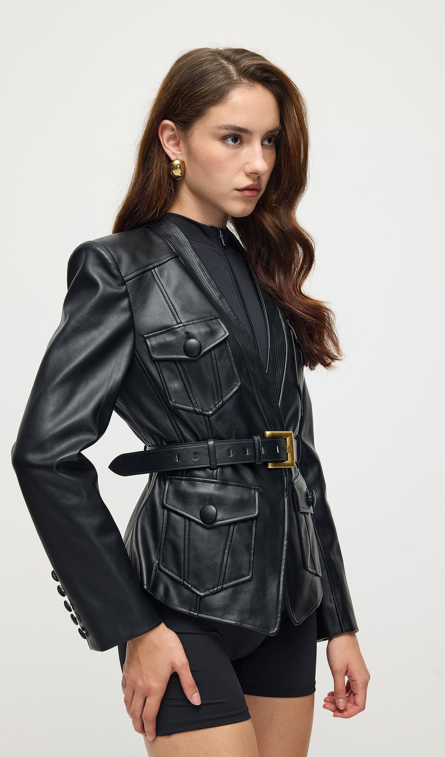 Button Belted Leather Jacket In Black