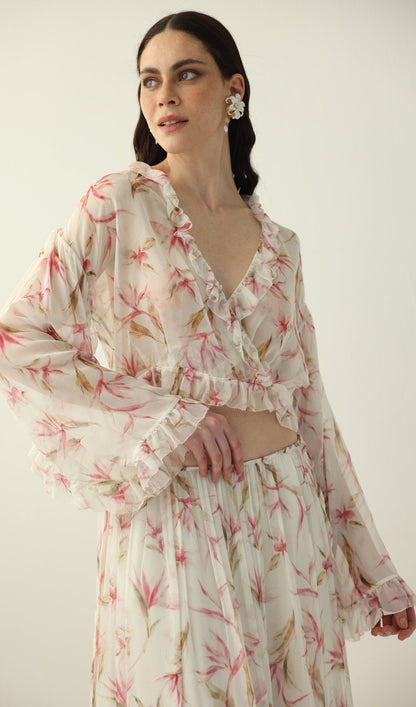 Floral Silk Ruffle Two Piece Sets