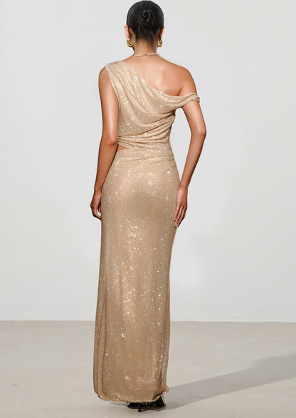 Diamante One Shoulder Maxi Dress In Gold