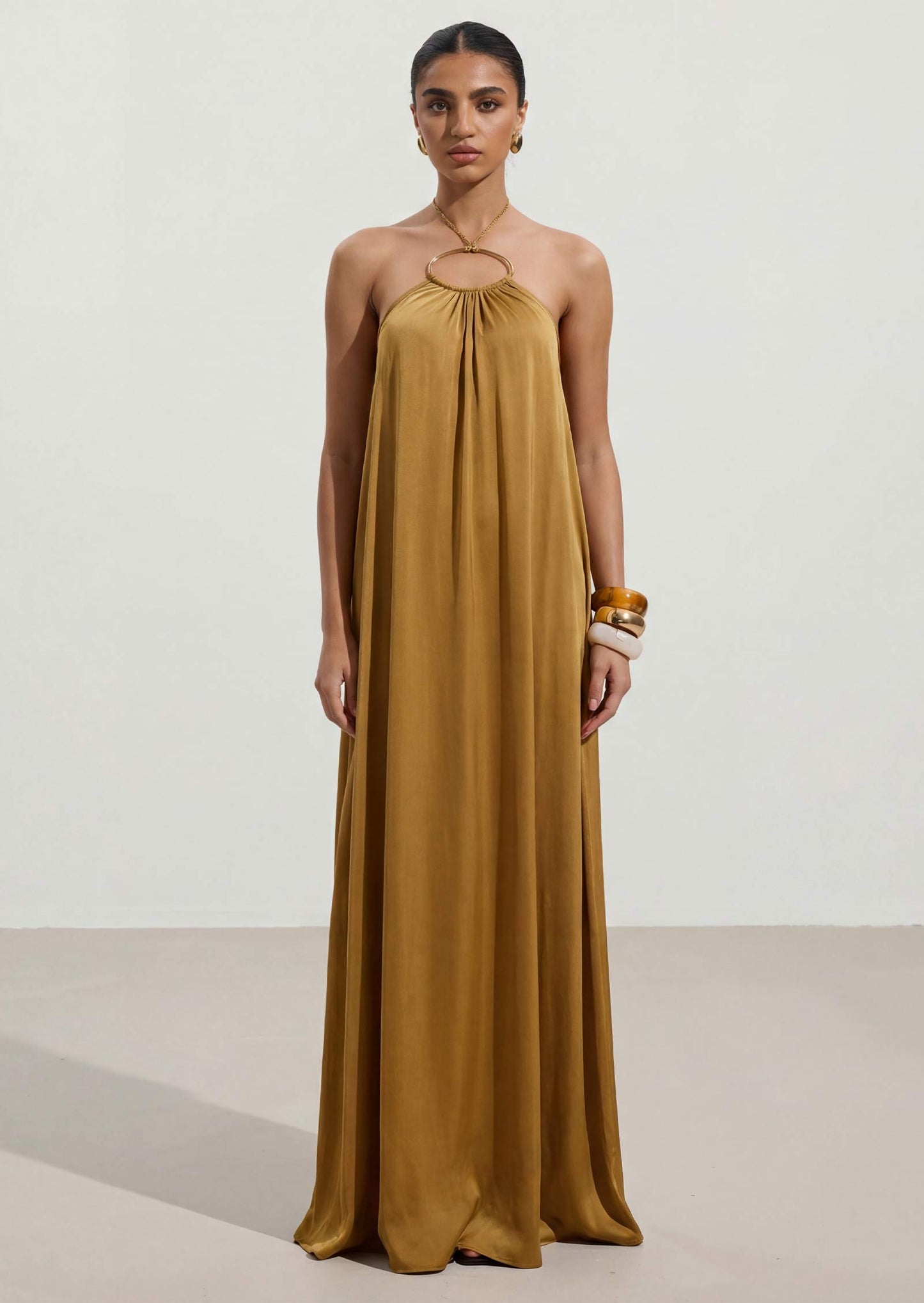 Halter With A Metallic Ring Maxi Dress In Gold