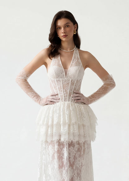 Odile Lace Peplum Maxi Dress In White