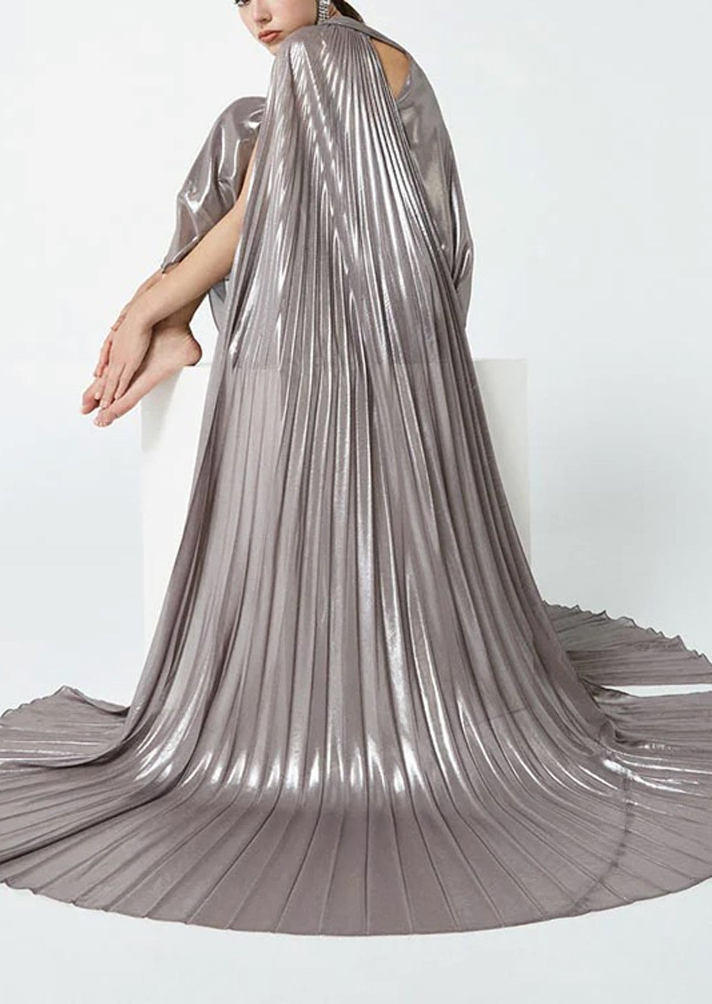 Noor Elegance Metallic Pleated V-Neck Maxi Dress