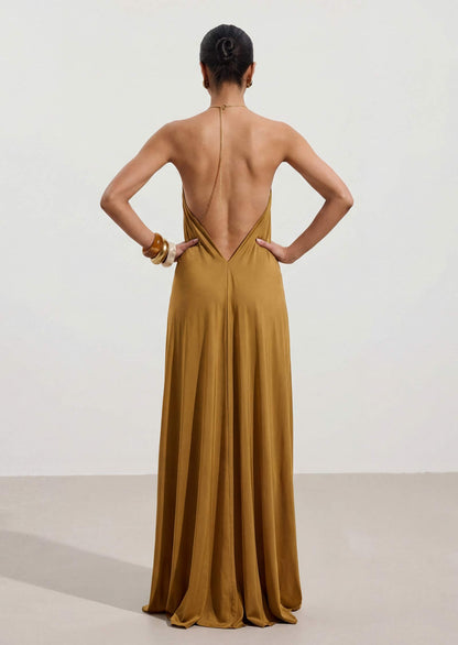Halter With A Metallic Ring Maxi Dress In Gold
