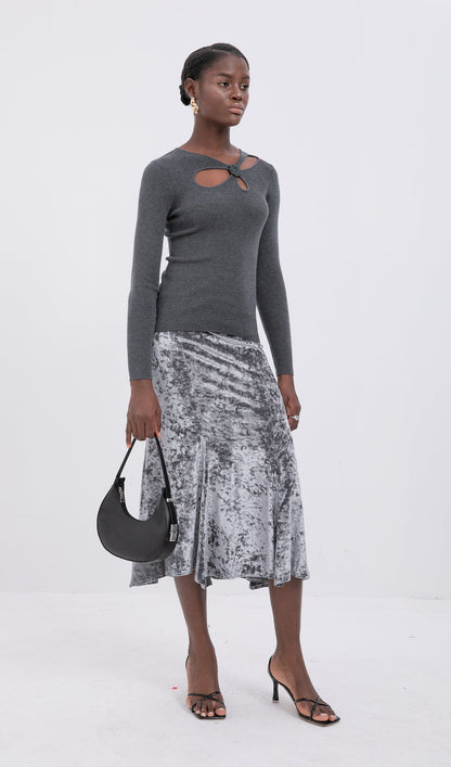Trendy High Waist Velvet Midi Skirt-Silver